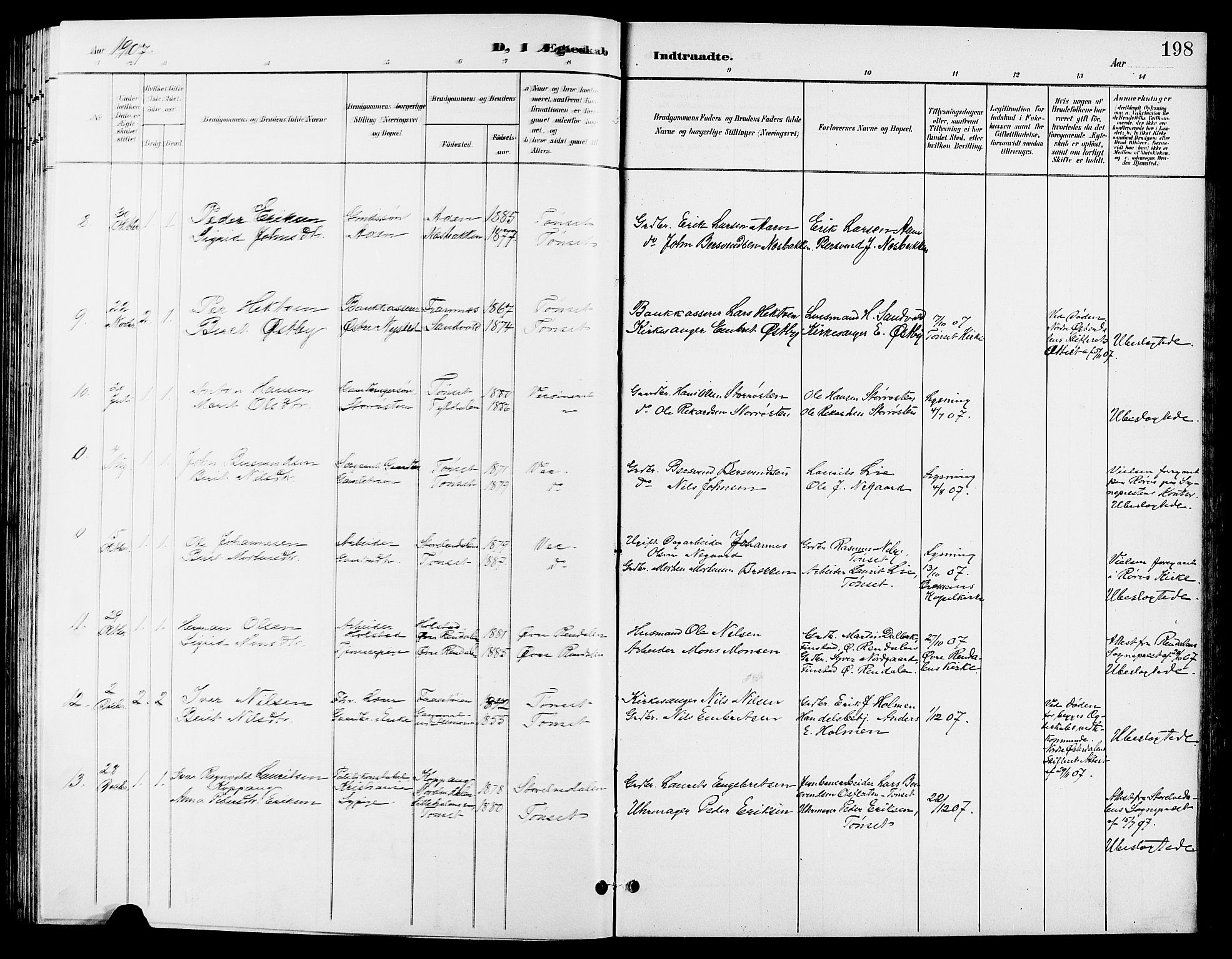 Tynset prestekontor, AV/SAH-PREST-058/H/Ha/Hab/L0009: Parish register (copy) no. 9, 1900-1914, p. 198