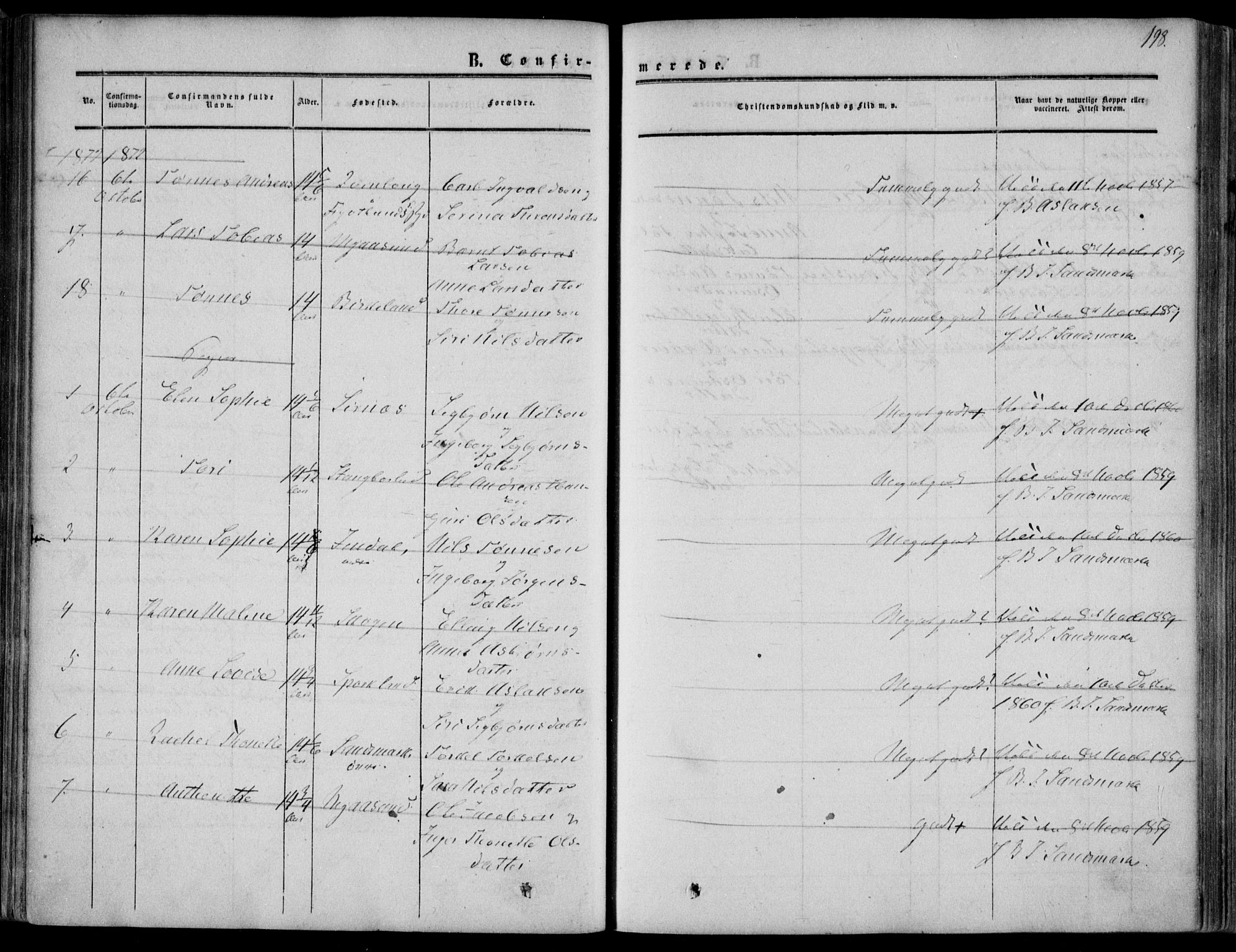 Bakke sokneprestkontor, AV/SAK-1111-0002/F/Fa/Faa/L0006: Parish register (official) no. A 6, 1855-1877, p. 198