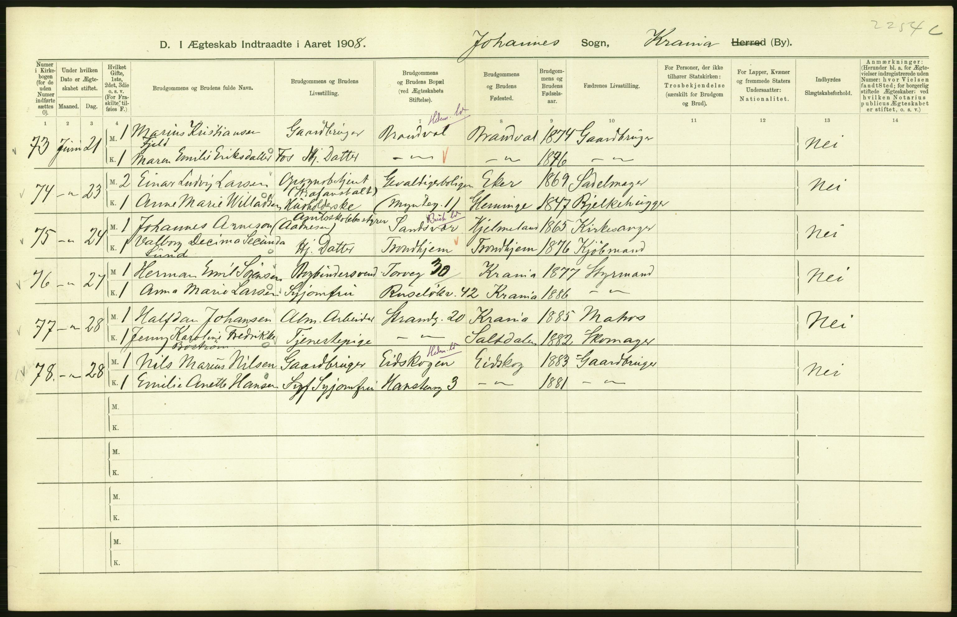 Statistisk sentralbyrå, Sosiodemografiske emner, Befolkning, AV/RA-S-2228/D/Df/Dfa/Dfaf/L0007: Kristiania: Gifte, 1908, p. 354