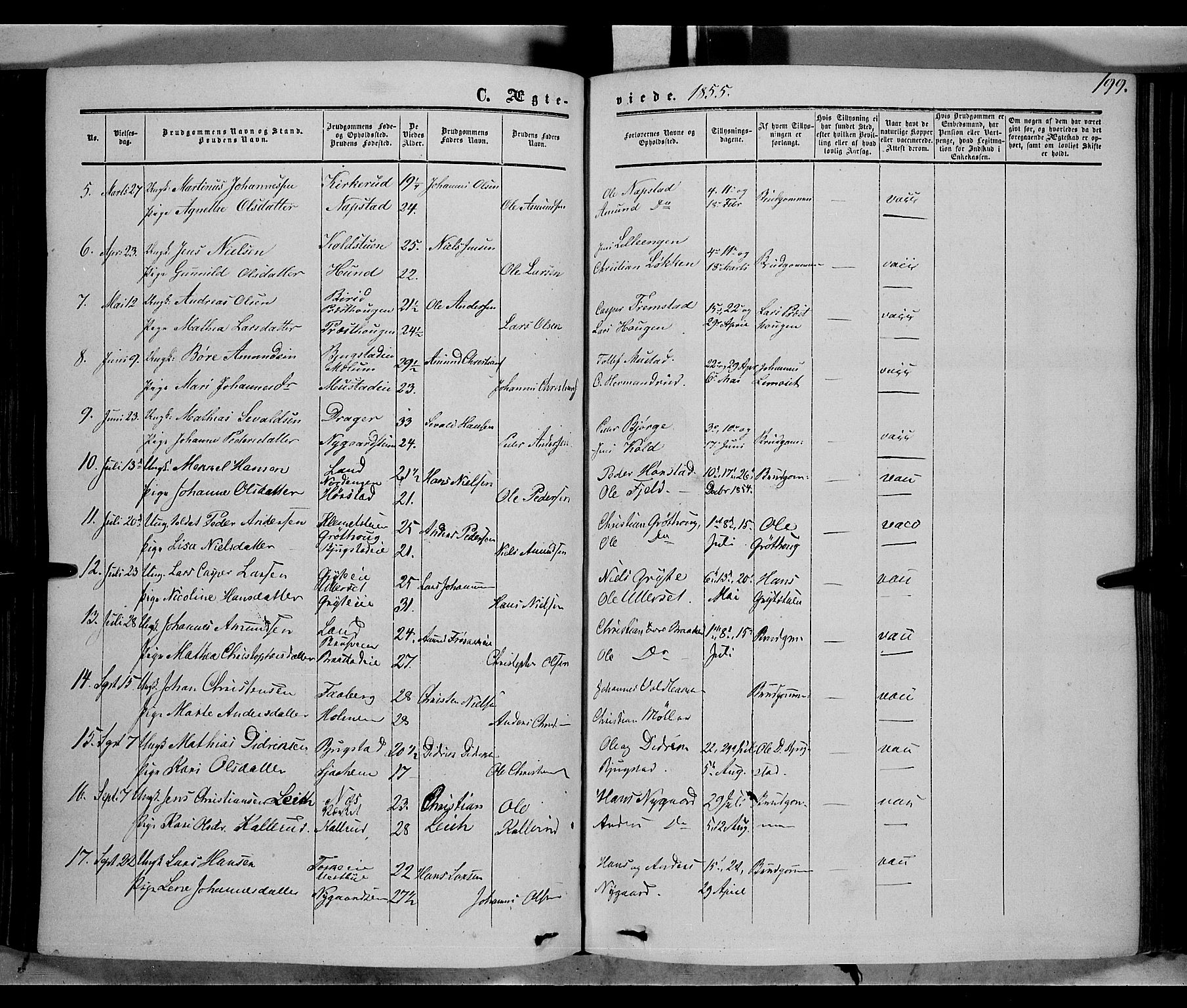 Vardal prestekontor, SAH/PREST-100/H/Ha/Haa/L0006: Parish register (official) no. 6, 1854-1866, p. 199