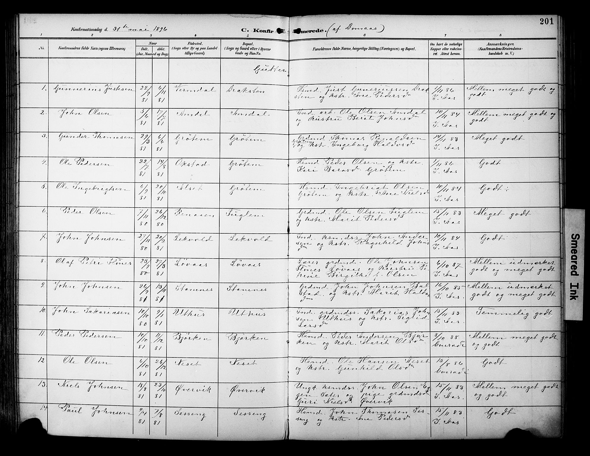 Ministerialprotokoller, klokkerbøker og fødselsregistre - Sør-Trøndelag, AV/SAT-A-1456/695/L1149: Parish register (official) no. 695A09, 1891-1902, p. 201