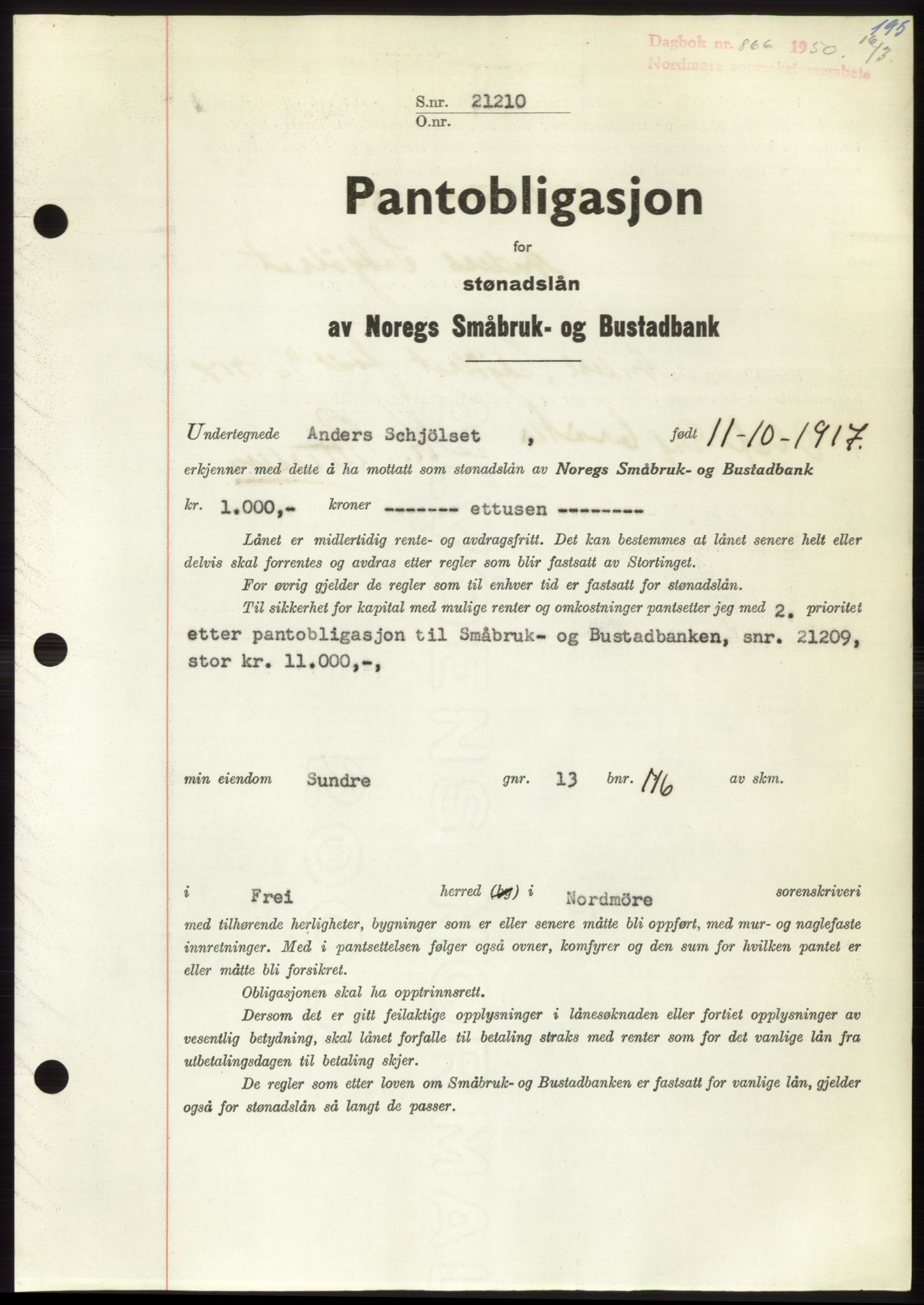 Nordmøre sorenskriveri, AV/SAT-A-4132/1/2/2Ca: Mortgage book no. B104, 1950-1950, Diary no: : 866/1950