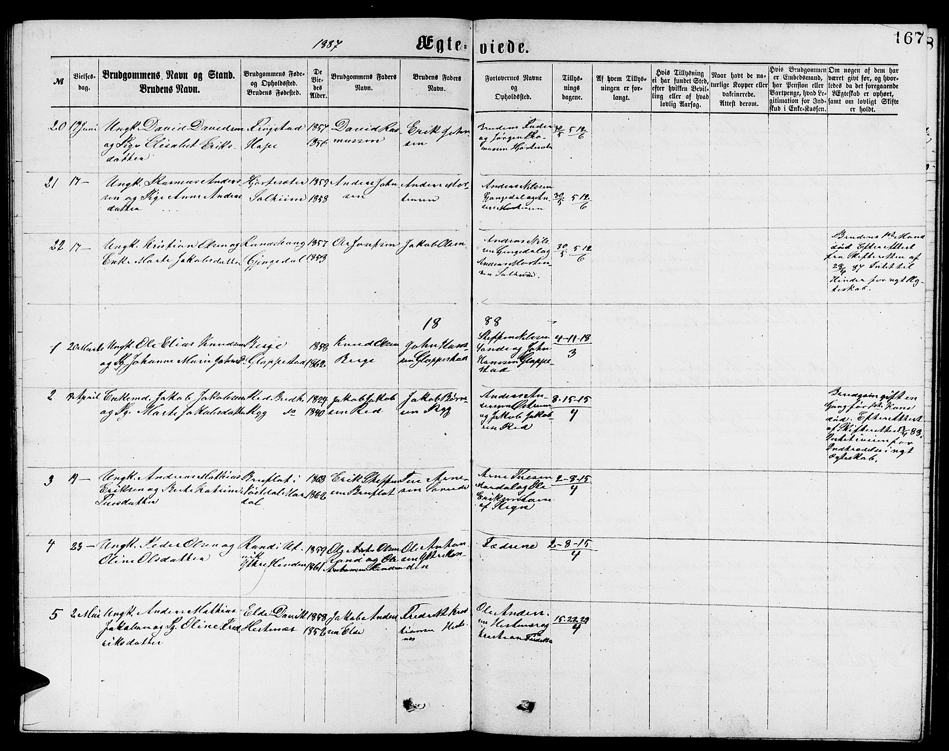 Gloppen sokneprestembete, SAB/A-80101/H/Hab/Habb/L0001: Parish register (copy) no. B 1, 1872-1888, p. 167