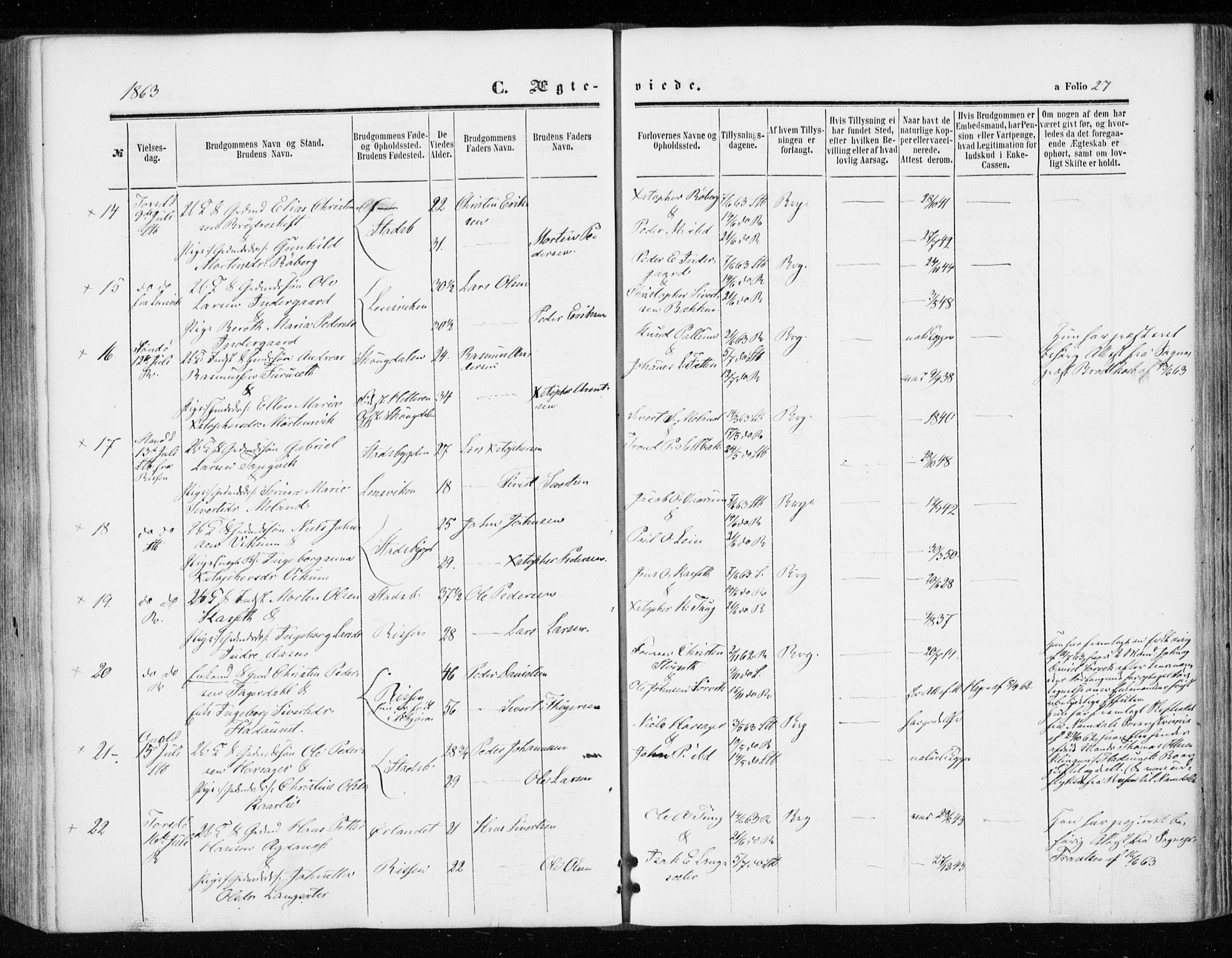Ministerialprotokoller, klokkerbøker og fødselsregistre - Sør-Trøndelag, SAT/A-1456/646/L0612: Parish register (official) no. 646A10, 1858-1869, p. 27