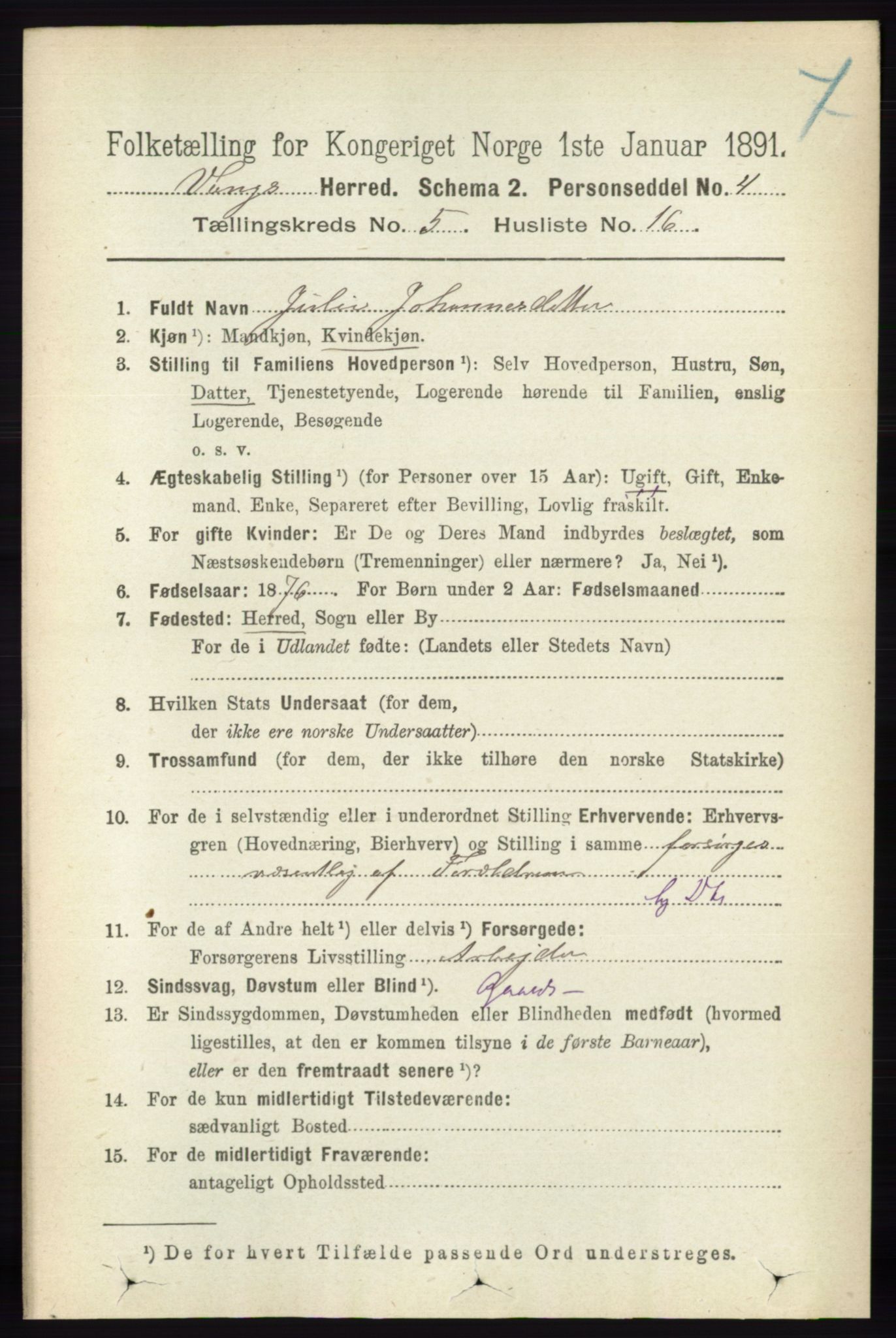 RA, 1891 census for 0414 Vang, 1891, p. 3589