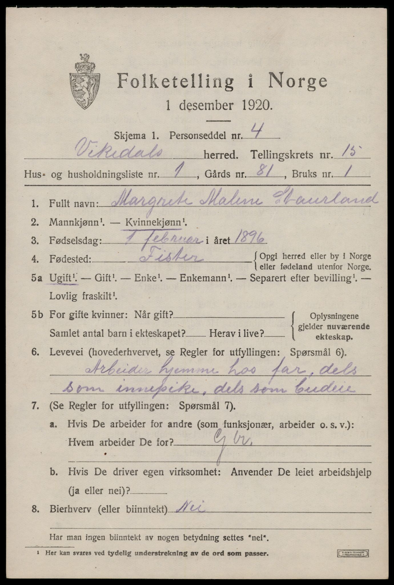 SAST, 1920 census for Vikedal, 1920, p. 4555