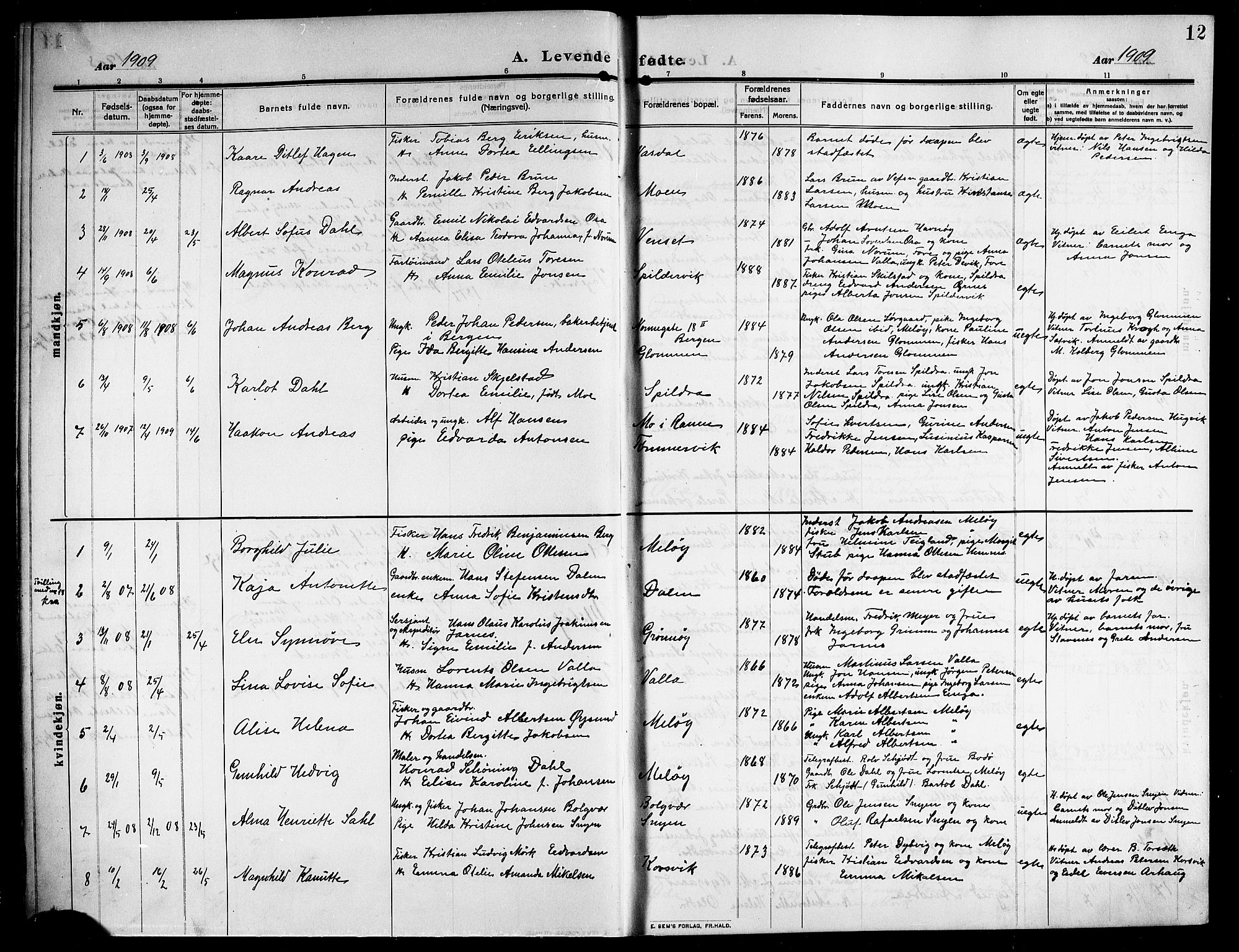Ministerialprotokoller, klokkerbøker og fødselsregistre - Nordland, SAT/A-1459/843/L0639: Parish register (copy) no. 843C08, 1908-1924, p. 12