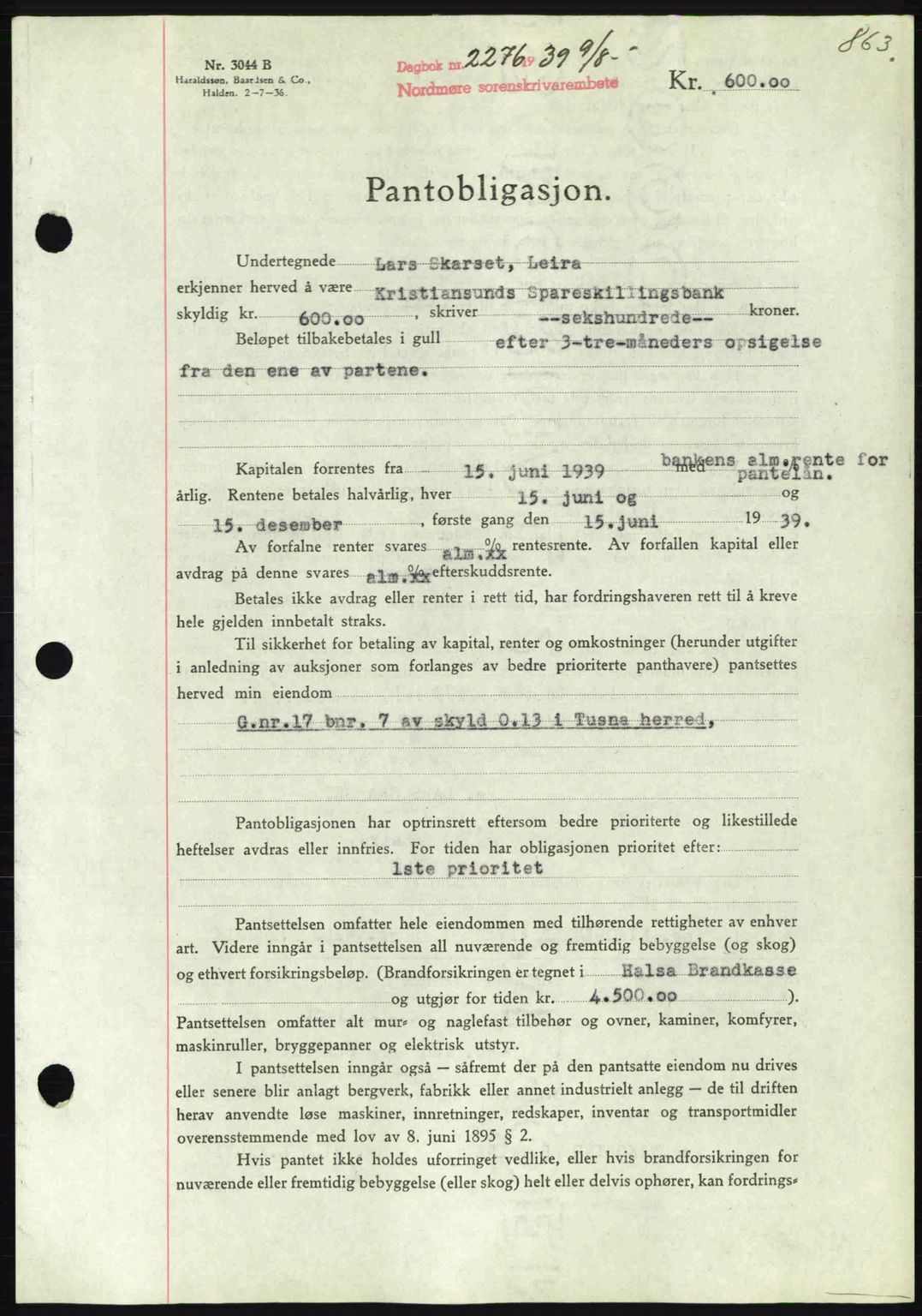 Nordmøre sorenskriveri, AV/SAT-A-4132/1/2/2Ca: Mortgage book no. B85, 1939-1939, Diary no: : 2276/1939