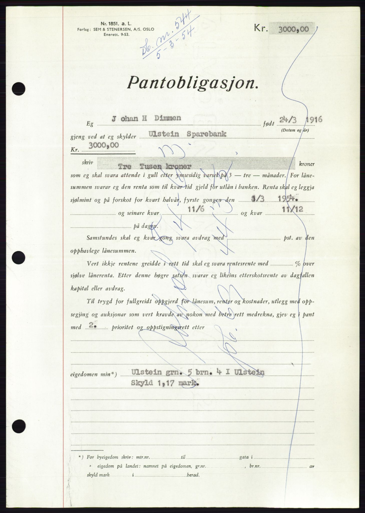 Søre Sunnmøre sorenskriveri, AV/SAT-A-4122/1/2/2C/L0124: Mortgage book no. 12B, 1953-1954, Diary no: : 544/1954