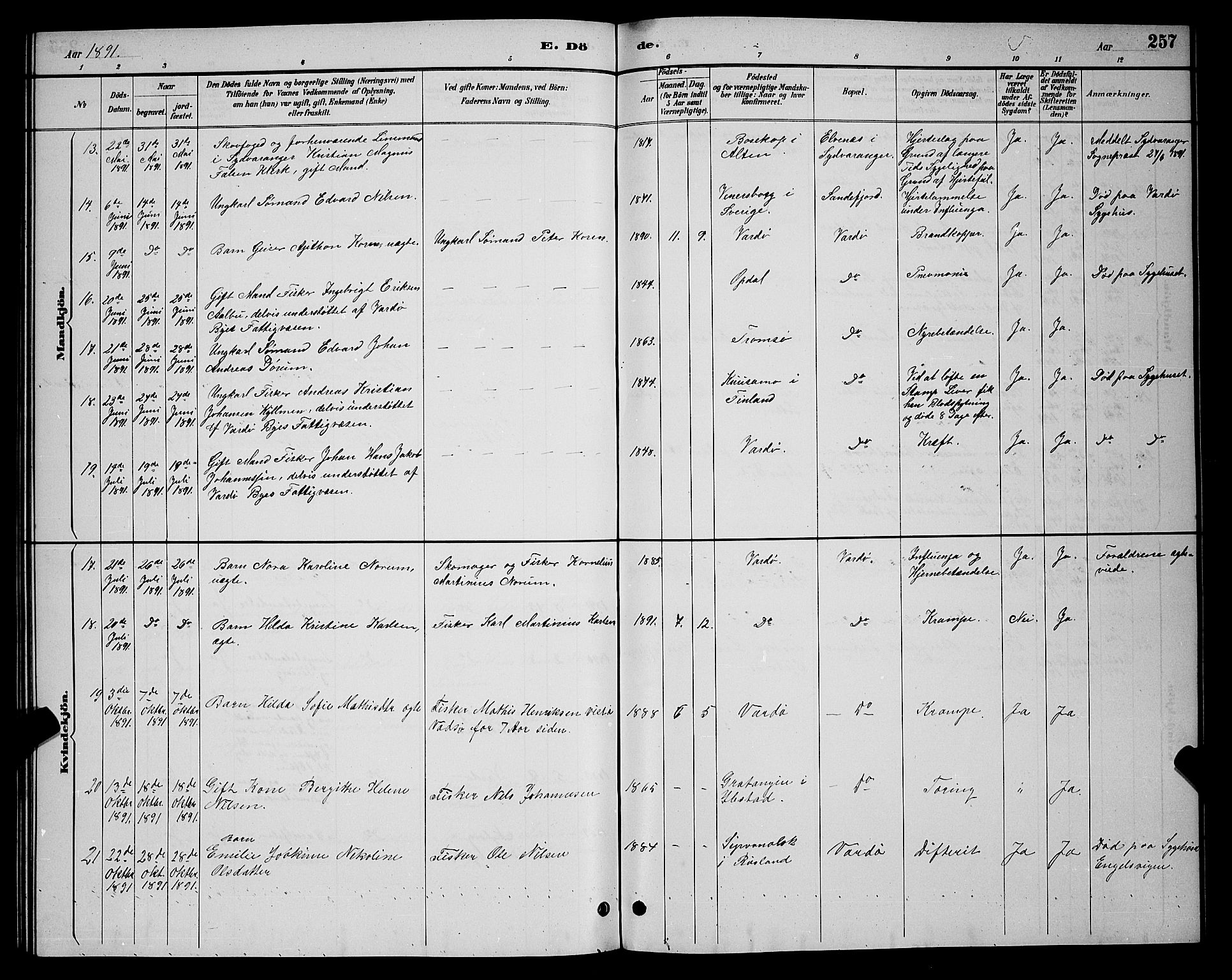 Vardø sokneprestkontor, AV/SATØ-S-1332/H/Hb/L0005klokker: Parish register (copy) no. 5, 1887-1892, p. 257