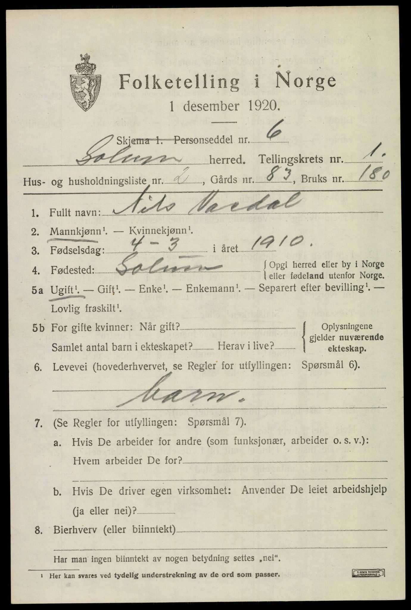 SAKO, 1920 census for Solum, 1920, p. 2266