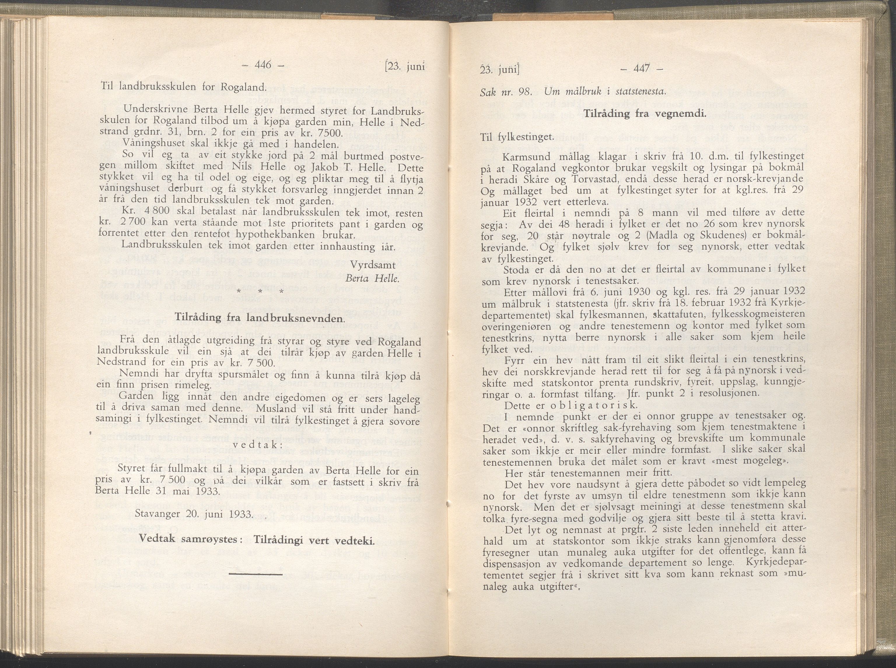 Rogaland fylkeskommune - Fylkesrådmannen , IKAR/A-900/A/Aa/Aaa/L0052: Møtebok , 1933, p. 446-447