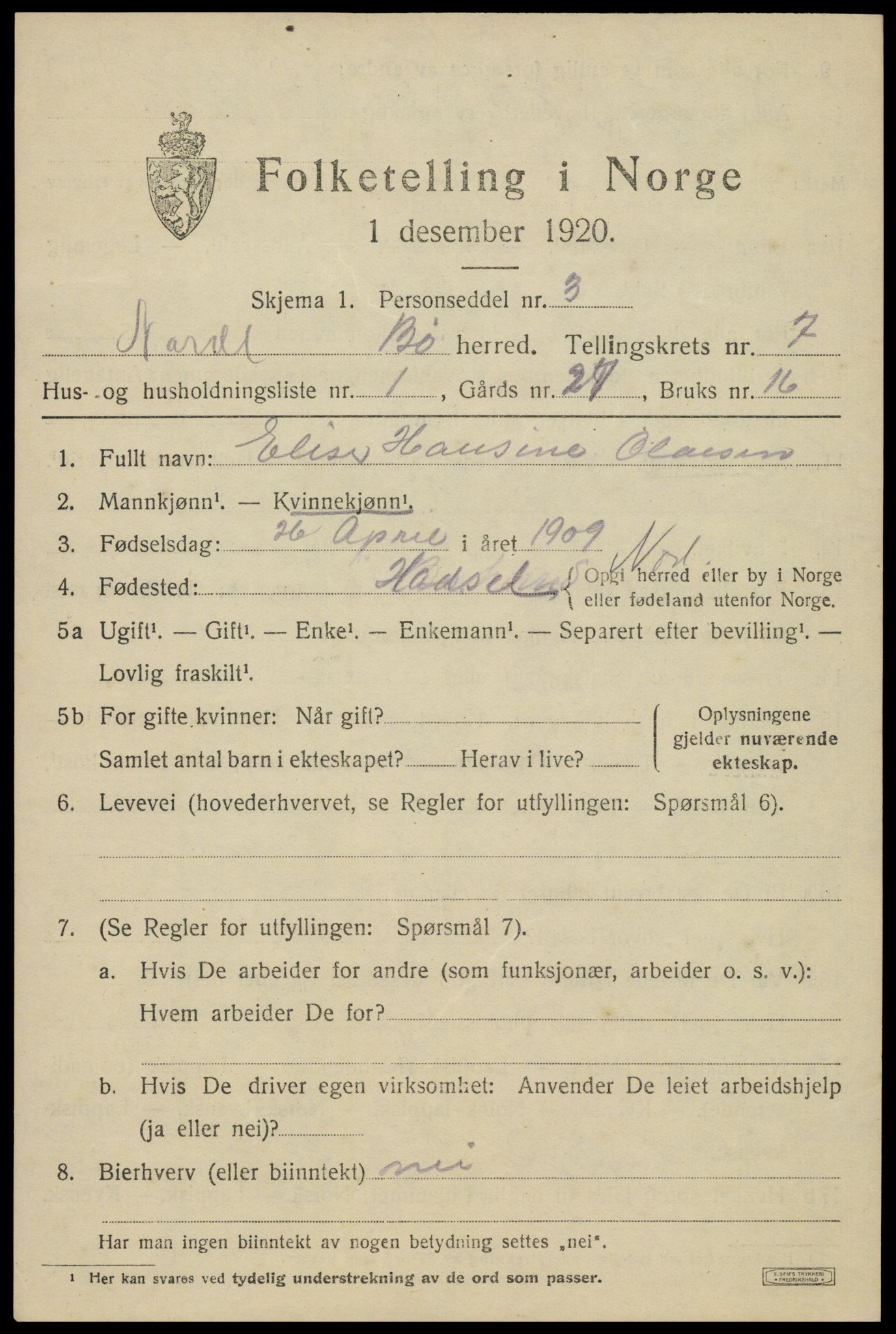 SAT, 1920 census for Bø, 1920, p. 6040