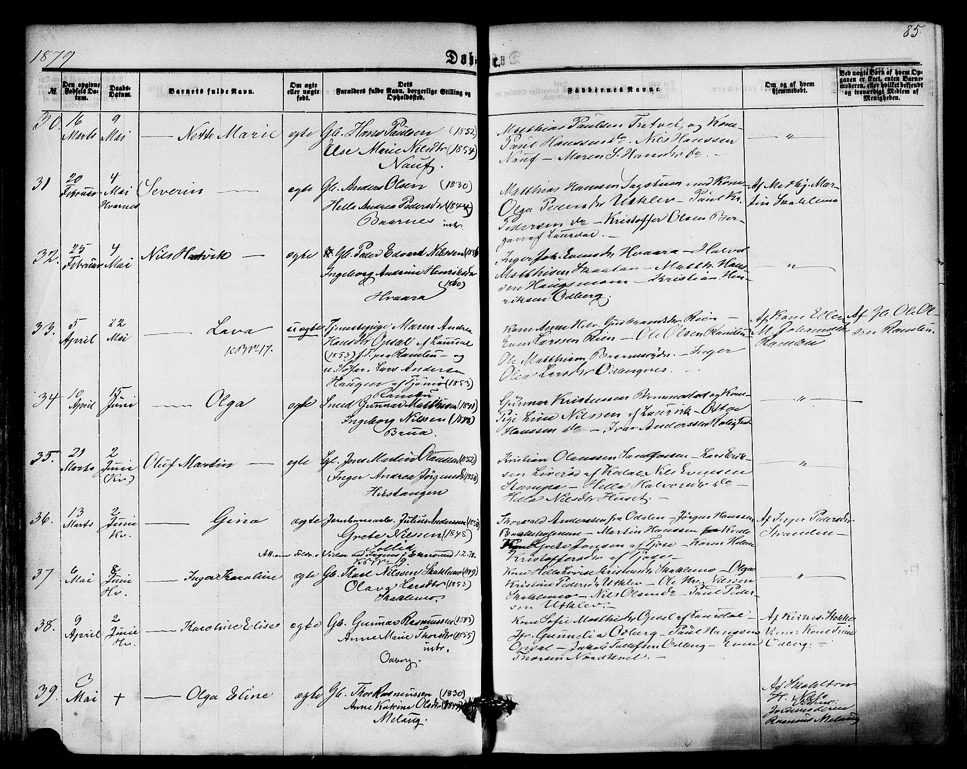 Hedrum kirkebøker, AV/SAKO-A-344/F/Fa/L0008: Parish register (official) no. I 8, 1869-1880, p. 85