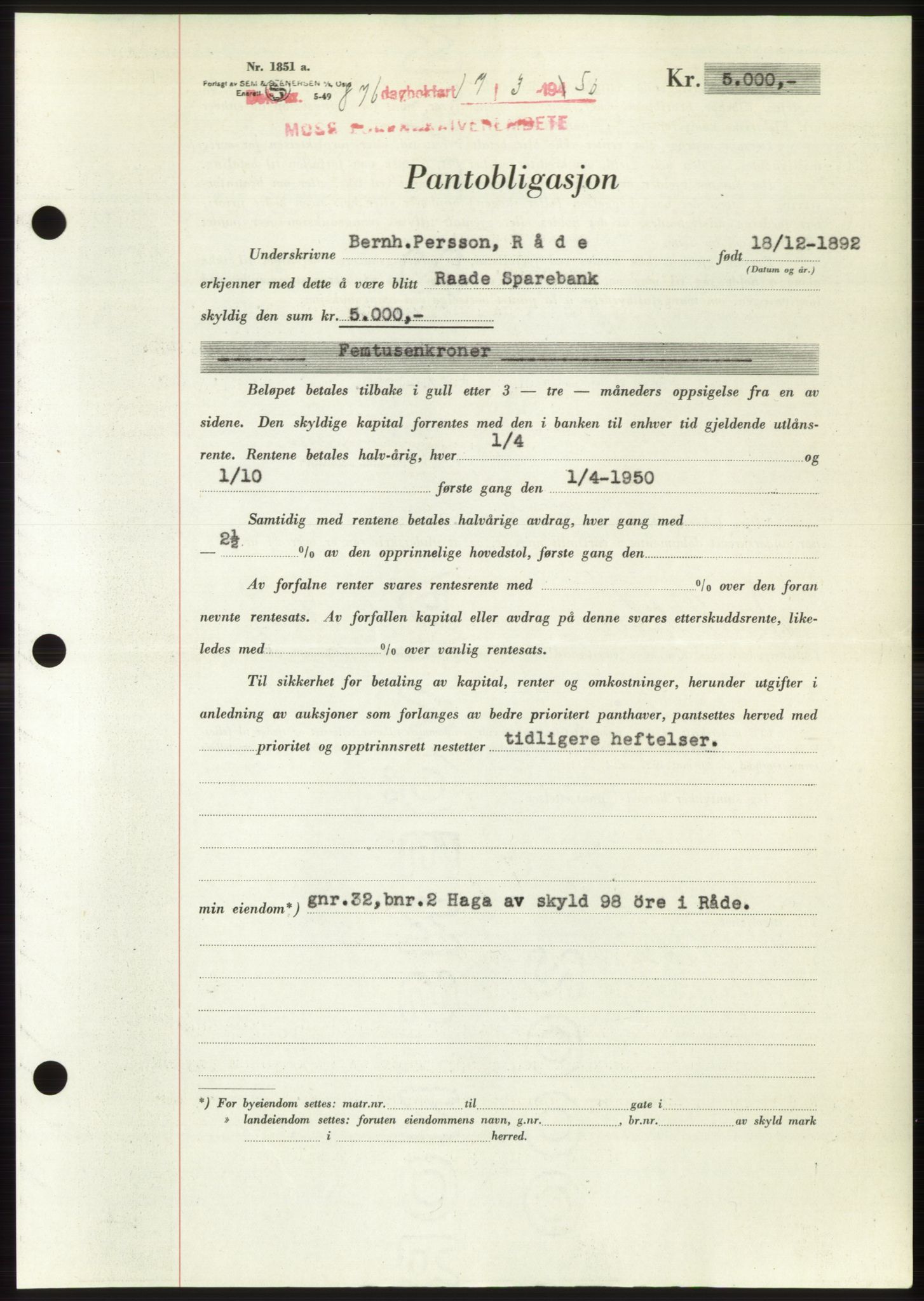 Moss sorenskriveri, AV/SAO-A-10168: Mortgage book no. B24, 1950-1950, Diary no: : 876/1950