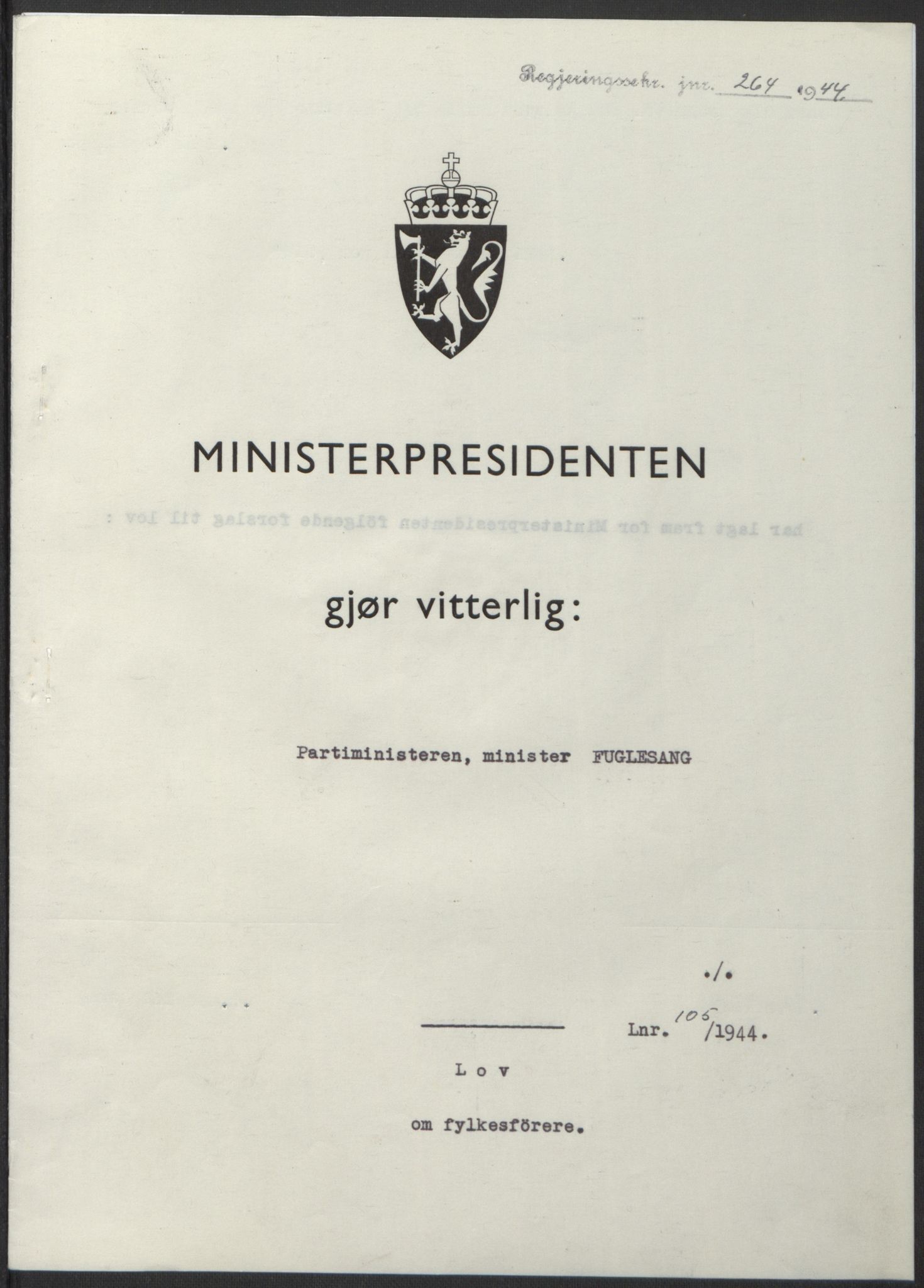 NS-administrasjonen 1940-1945 (Statsrådsekretariatet, de kommisariske statsråder mm), RA/S-4279/D/Db/L0100: Lover, 1944, p. 497
