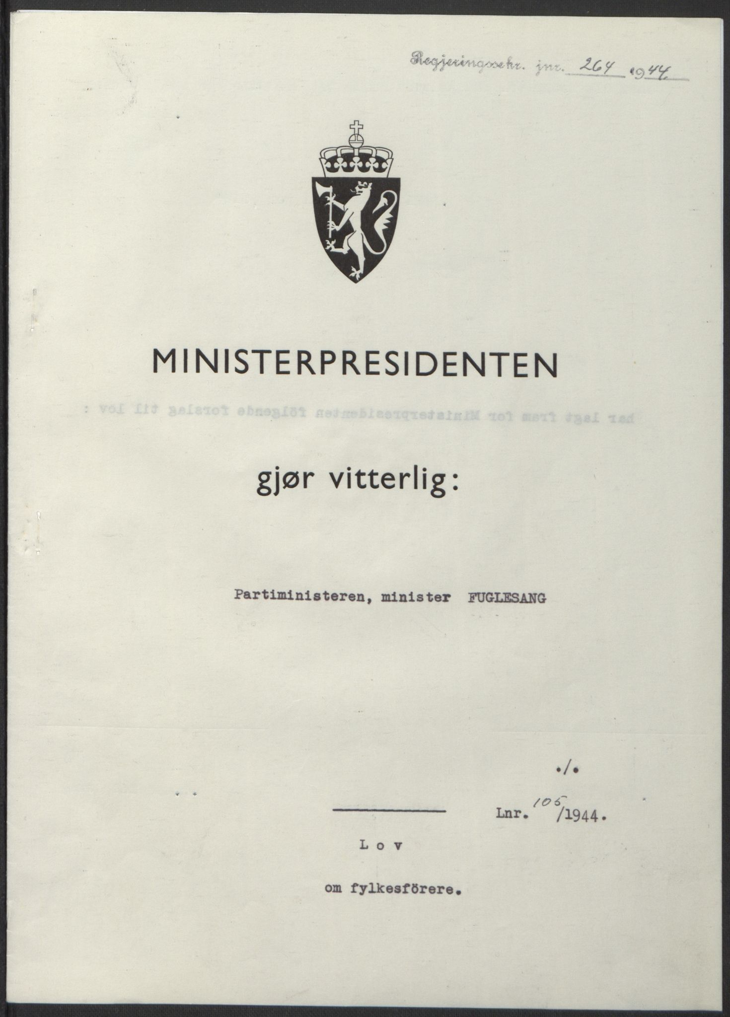 NS-administrasjonen 1940-1945 (Statsrådsekretariatet, de kommisariske statsråder mm), AV/RA-S-4279/D/Db/L0100: Lover, 1944, p. 497