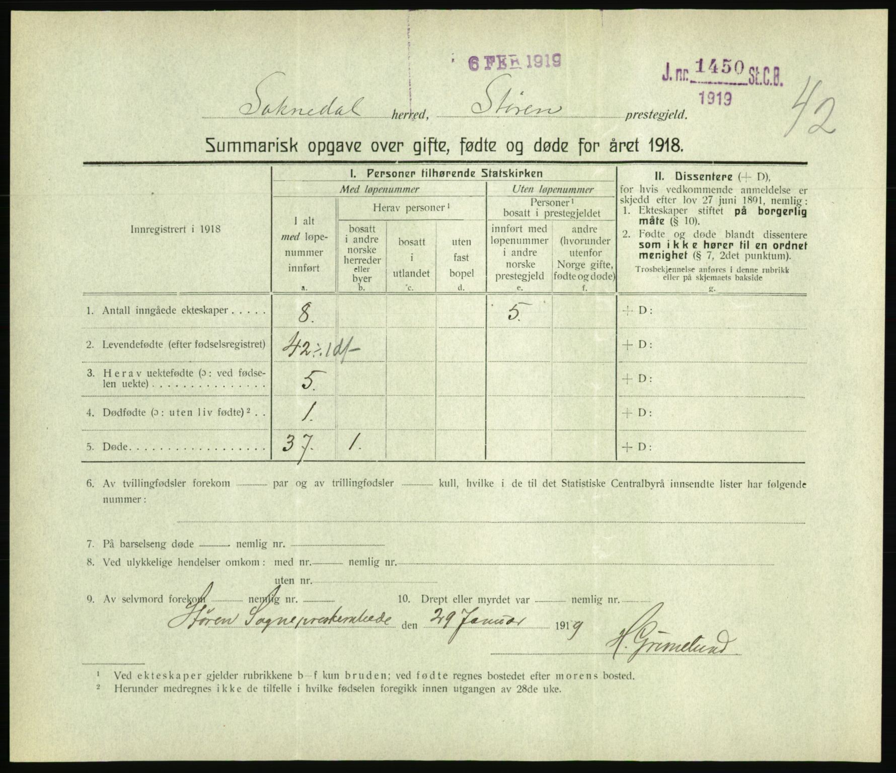 Statistisk sentralbyrå, Sosiodemografiske emner, Befolkning, RA/S-2228/D/Df/Dfb/Dfbh/L0059: Summariske oppgaver over gifte, fødte og døde for hele landet., 1918, p. 1305