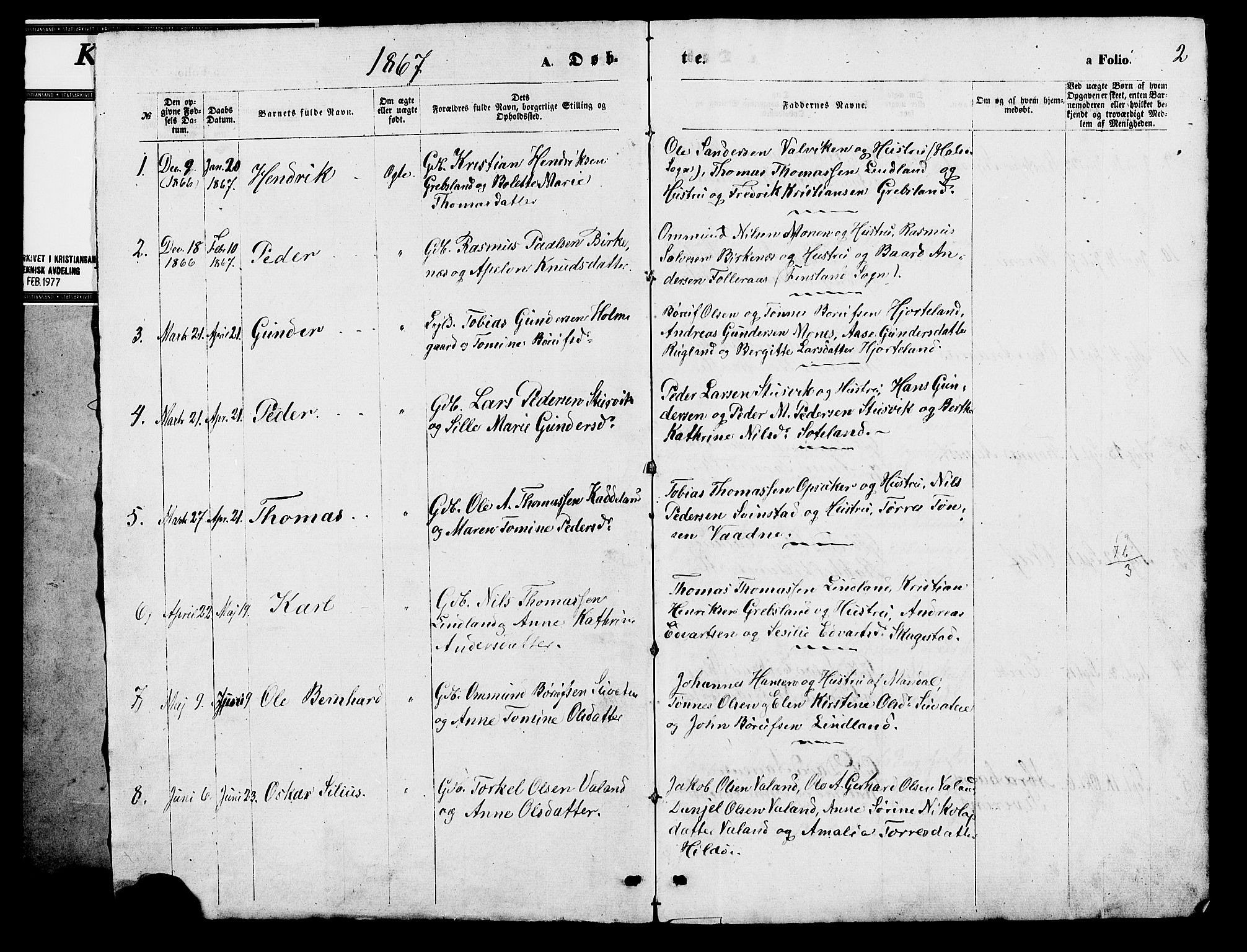 Holum sokneprestkontor, SAK/1111-0022/F/Fb/Fba/L0004: Parish register (copy) no. B 4, 1867-1890, p. 2