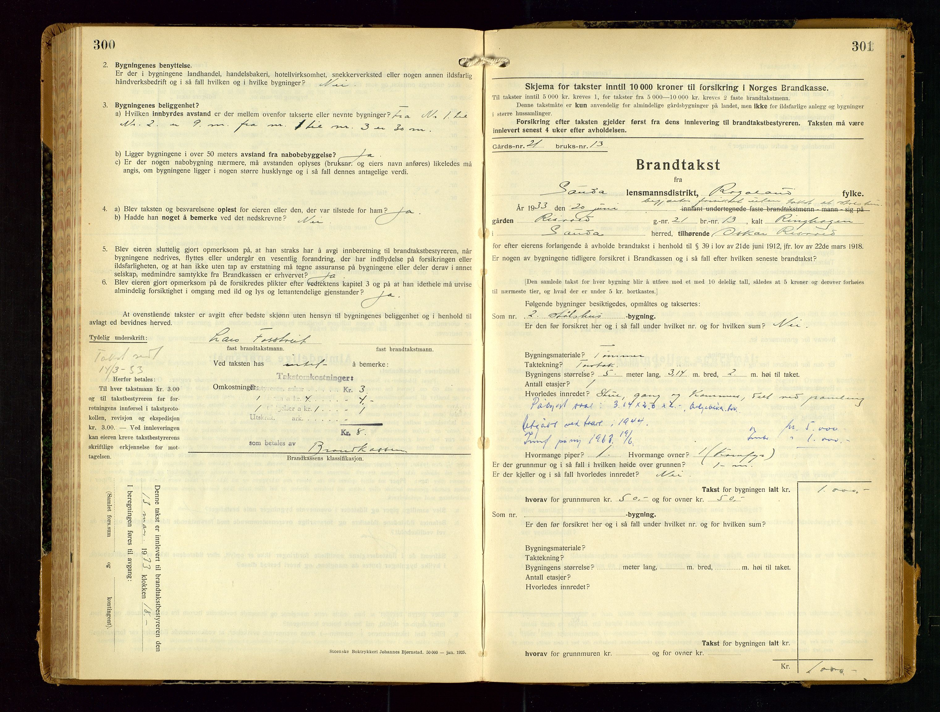 Sauda lensmannskontor, AV/SAST-A-100177/Gob/L0003: Branntakstprotokoll - skjematakst, 1928-1936, p. 300-301