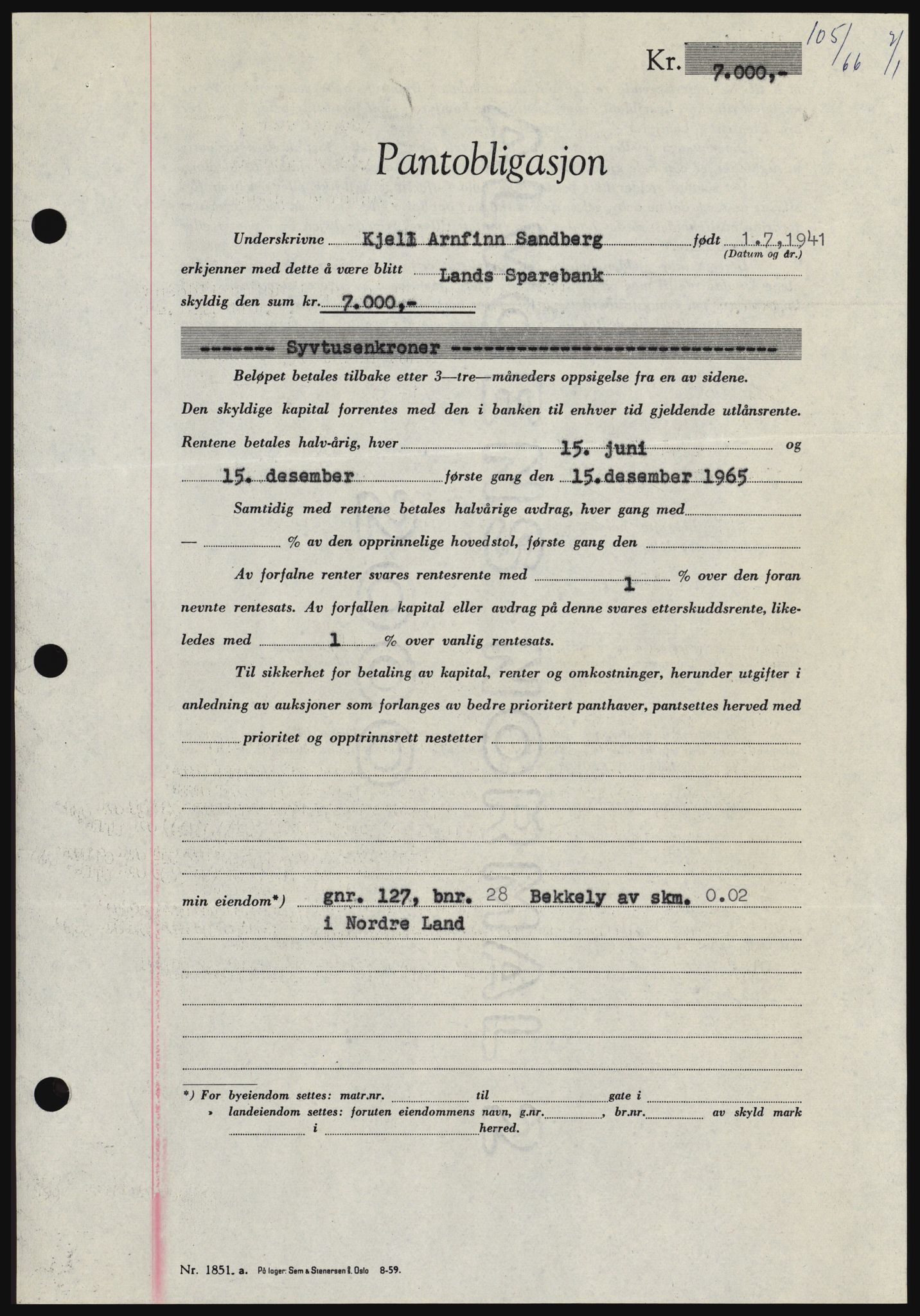 Hadeland og Land tingrett, AV/SAH-TING-010/H/Hb/Hbc/L0061: Mortgage book no. B61, 1965-1966, Diary no: : 105/1966