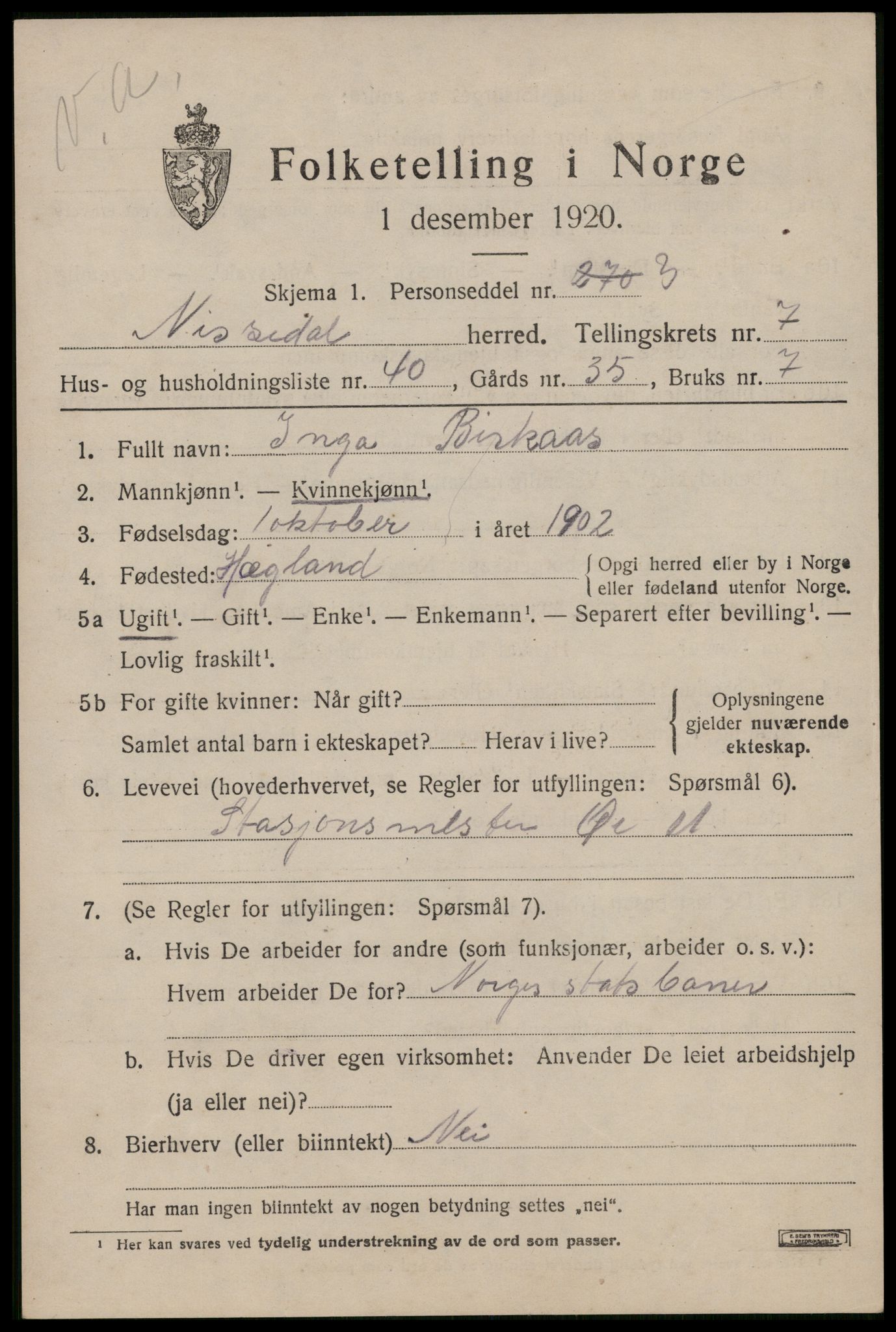 SAKO, 1920 census for Nissedal, 1920, p. 3011