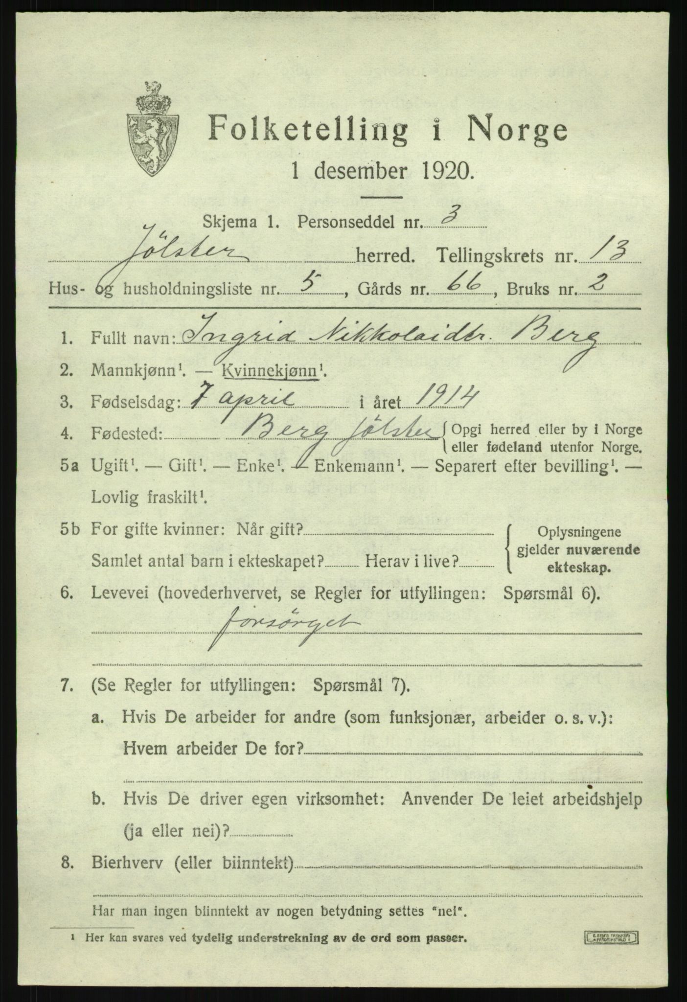 SAB, 1920 census for Jølster, 1920, p. 6080