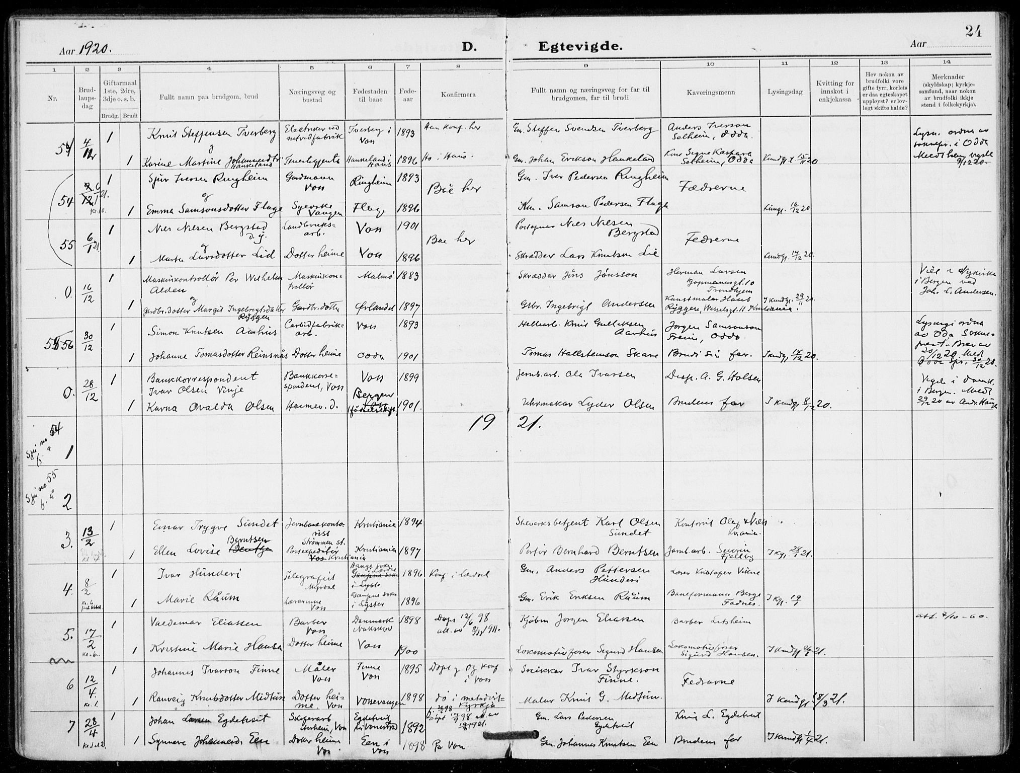 Voss sokneprestembete, SAB/A-79001/H/Haa: Parish register (official) no. C  2, 1916-1932, p. 24