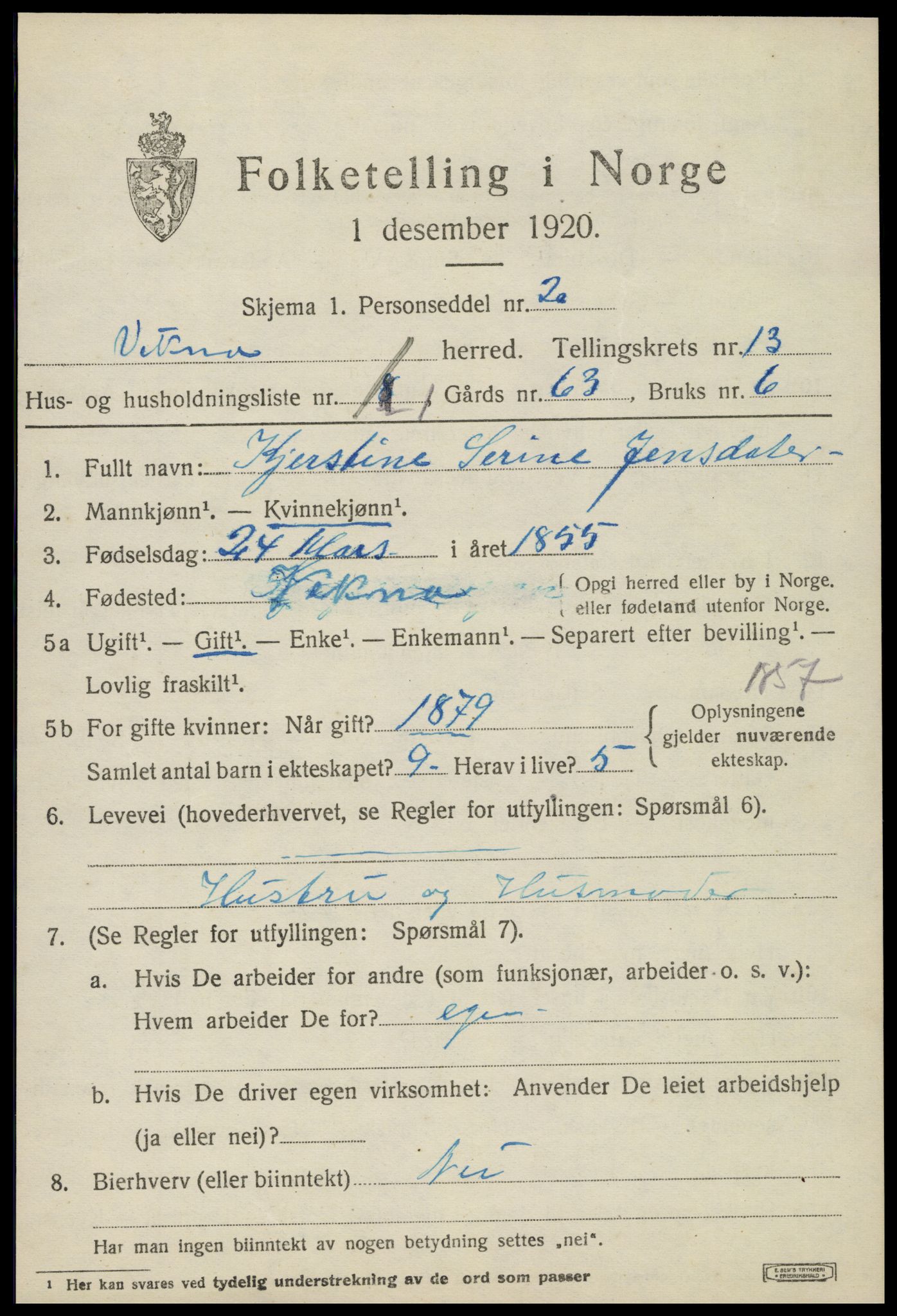 SAT, 1920 census for Vikna, 1920, p. 8215