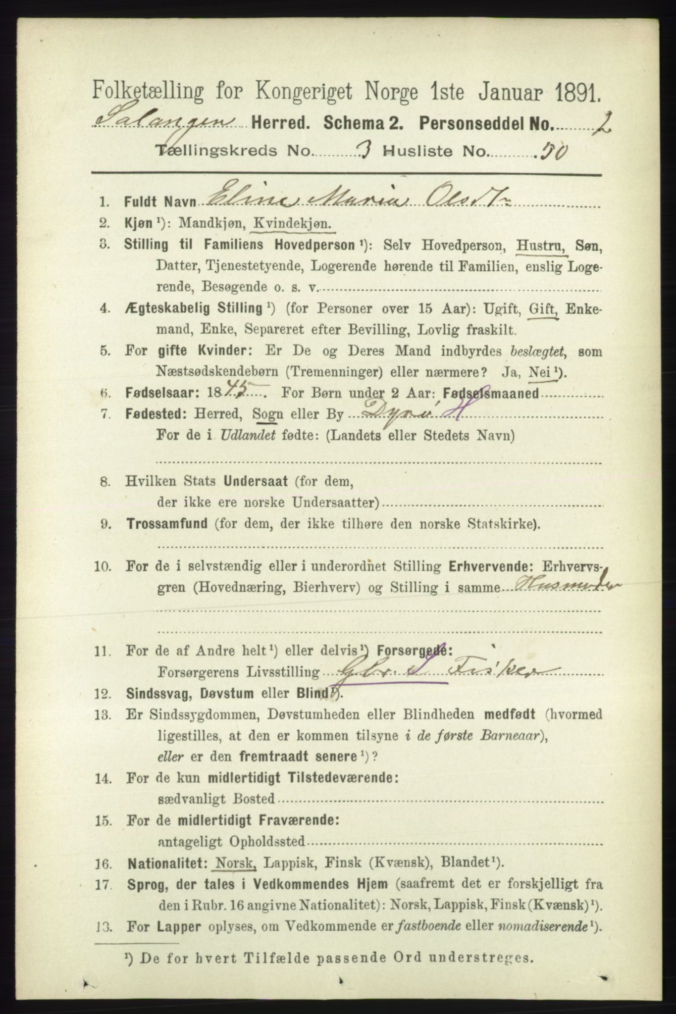 RA, 1891 census for 1921 Salangen, 1891, p. 1508