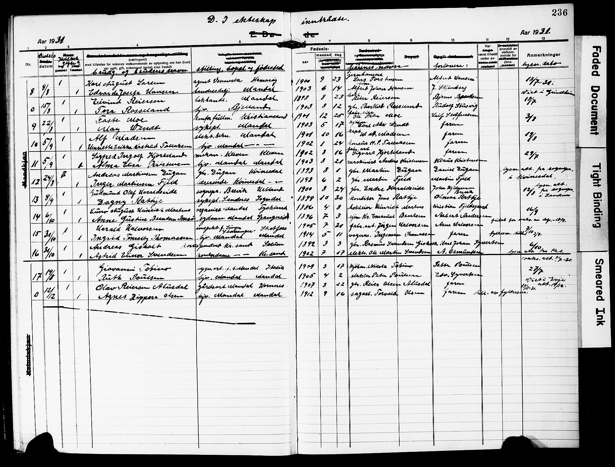 Mandal sokneprestkontor, SAK/1111-0030/F/Fb/Fbc/L0001: Parish register (copy) no. B 1, 1918-1931, p. 236