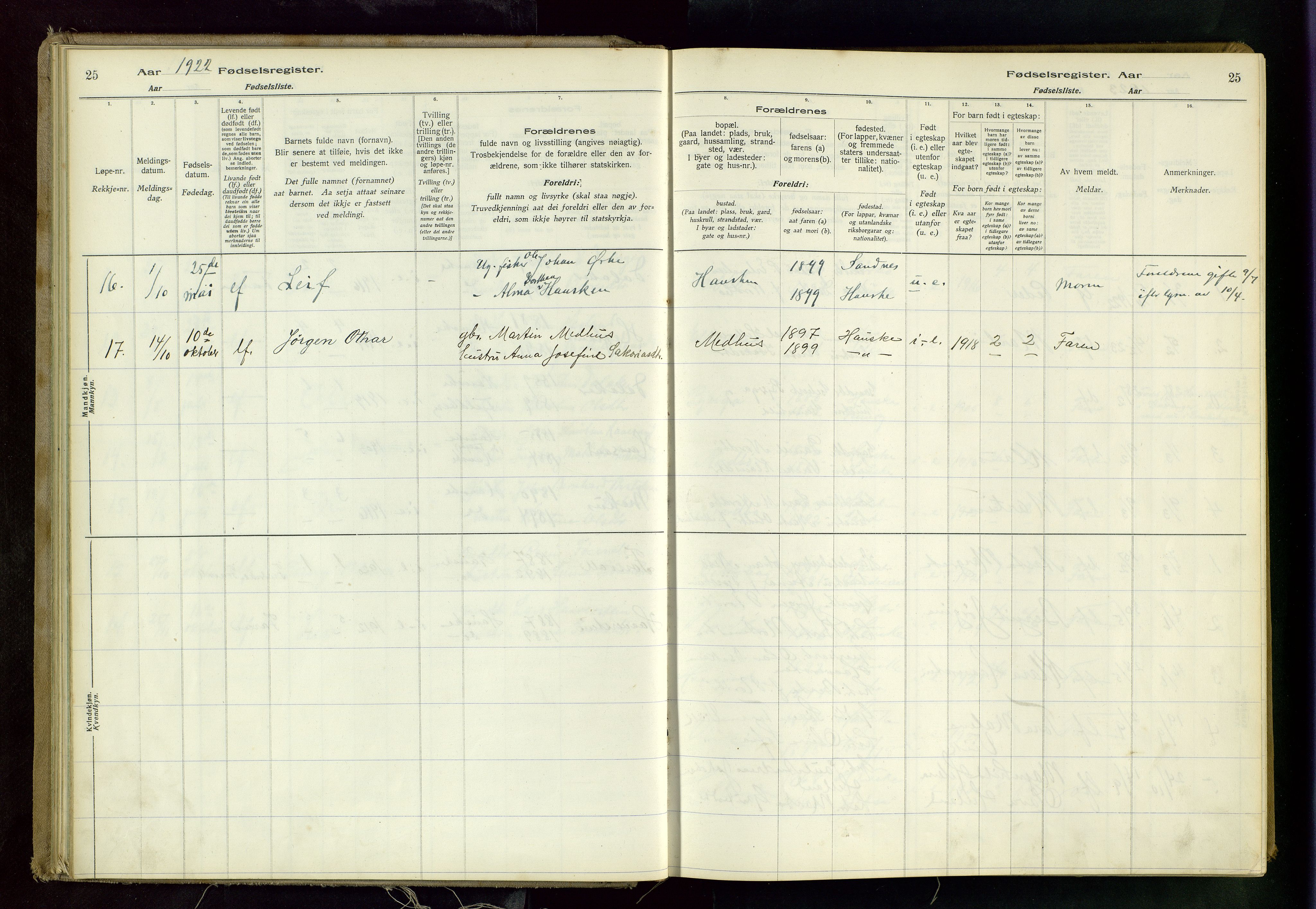 Rennesøy sokneprestkontor, AV/SAST-A -101827/I/Id/L0001: Birth register no. 1, 1916-1982, p. 25