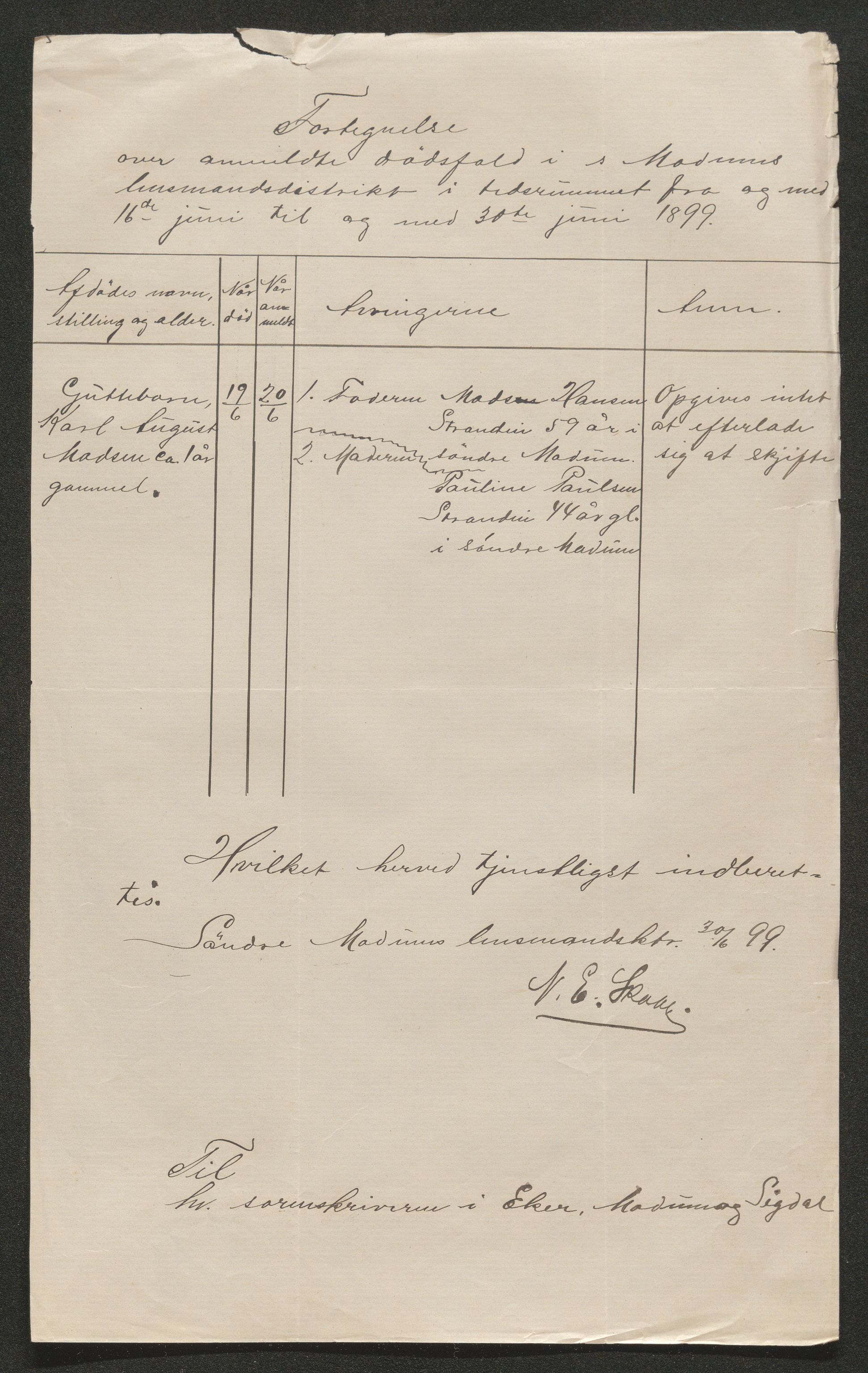 Eiker, Modum og Sigdal sorenskriveri, AV/SAKO-A-123/H/Ha/Hab/L0026: Dødsfallsmeldinger, 1899, p. 283