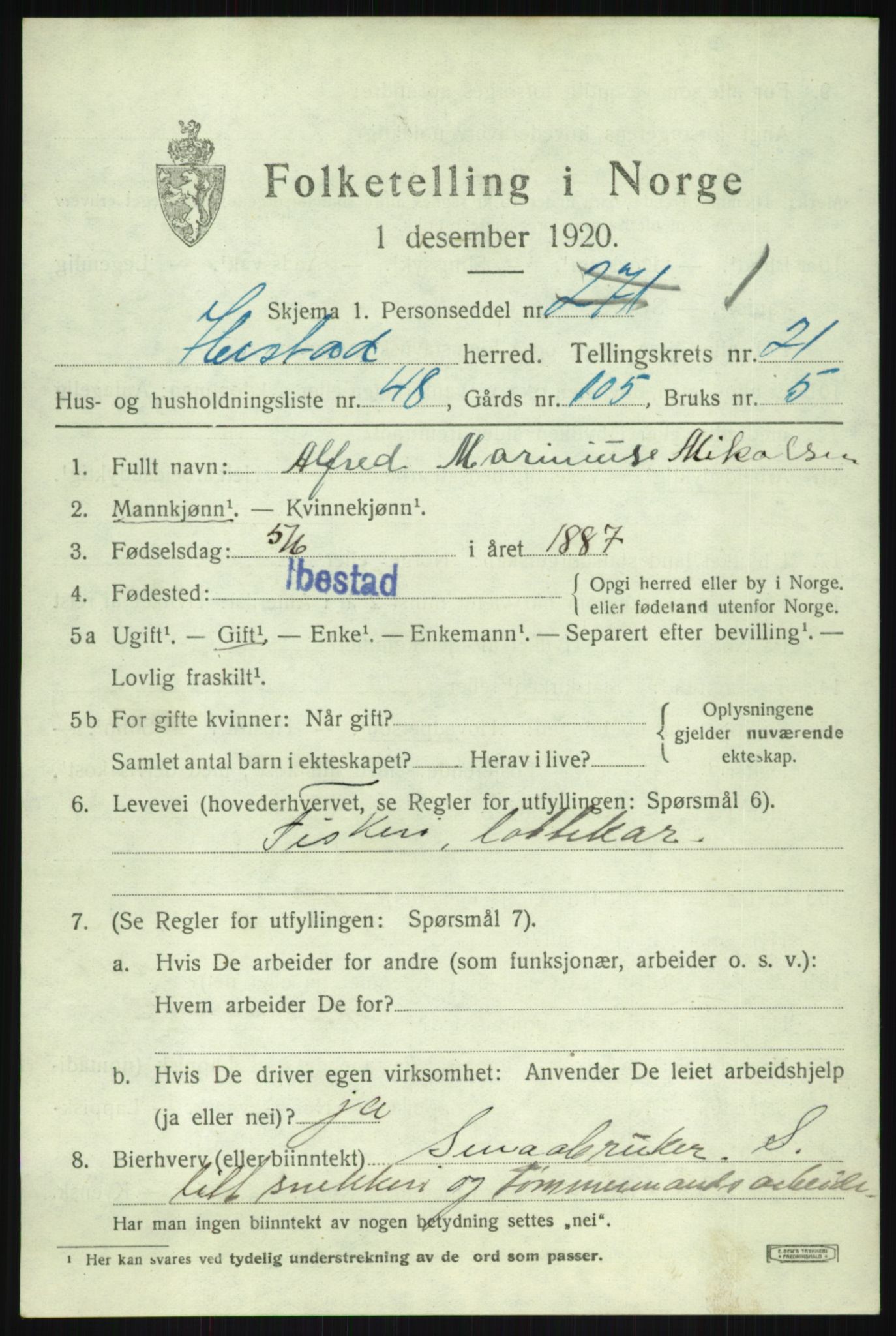 SATØ, 1920 census for Ibestad, 1920, p. 12336