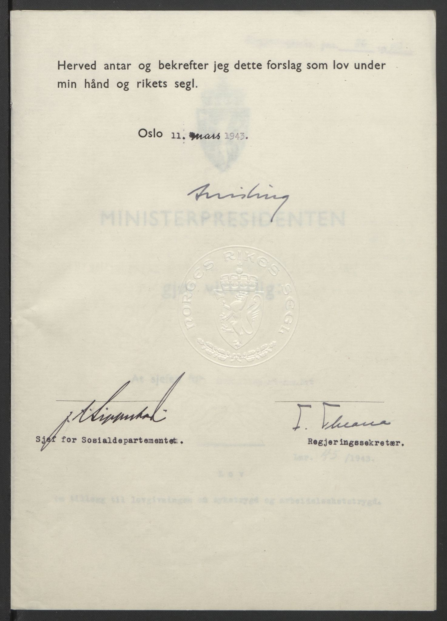 NS-administrasjonen 1940-1945 (Statsrådsekretariatet, de kommisariske statsråder mm), RA/S-4279/D/Db/L0099: Lover, 1943, p. 199