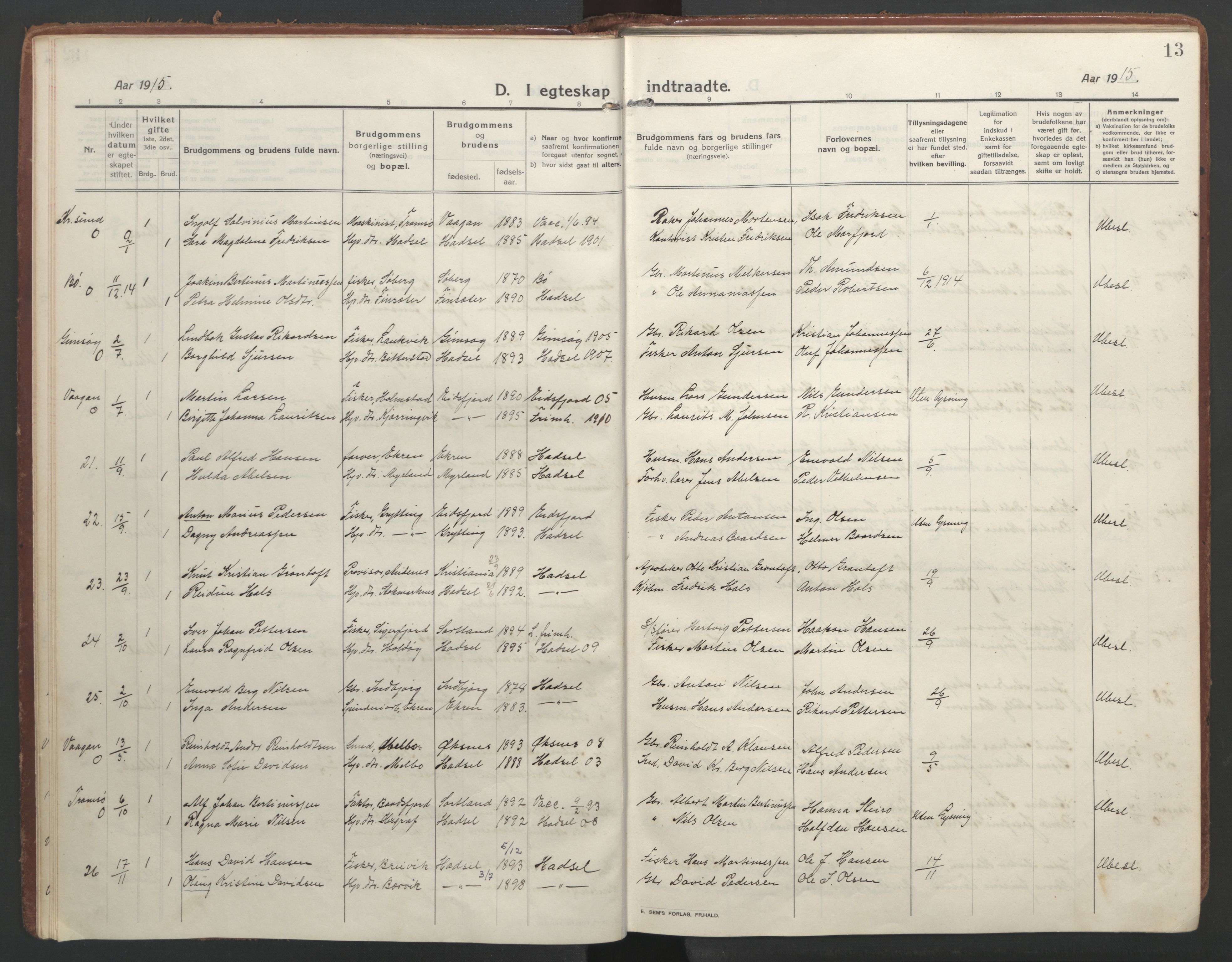 Ministerialprotokoller, klokkerbøker og fødselsregistre - Nordland, AV/SAT-A-1459/888/L1251: Parish register (official) no. 888A17, 1913-1925, p. 13