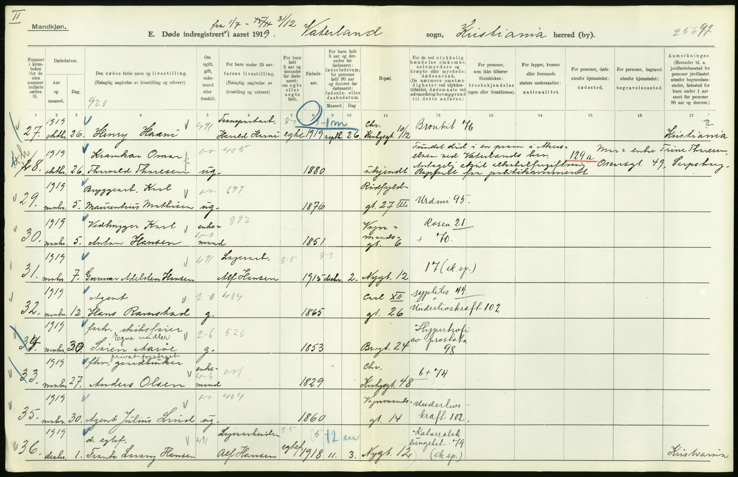 Statistisk sentralbyrå, Sosiodemografiske emner, Befolkning, RA/S-2228/D/Df/Dfb/Dfbi/L0010: Kristiania: Døde, 1919, p. 510