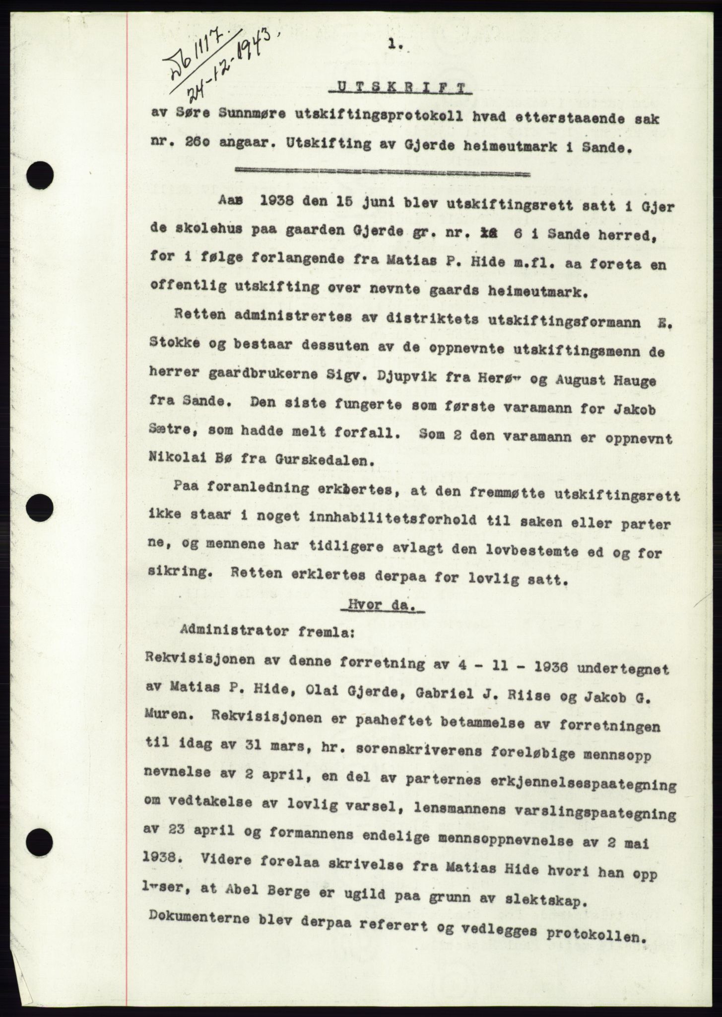 Søre Sunnmøre sorenskriveri, AV/SAT-A-4122/1/2/2C/L0075: Mortgage book no. 1A, 1943-1943, Diary no: : 1117/1943