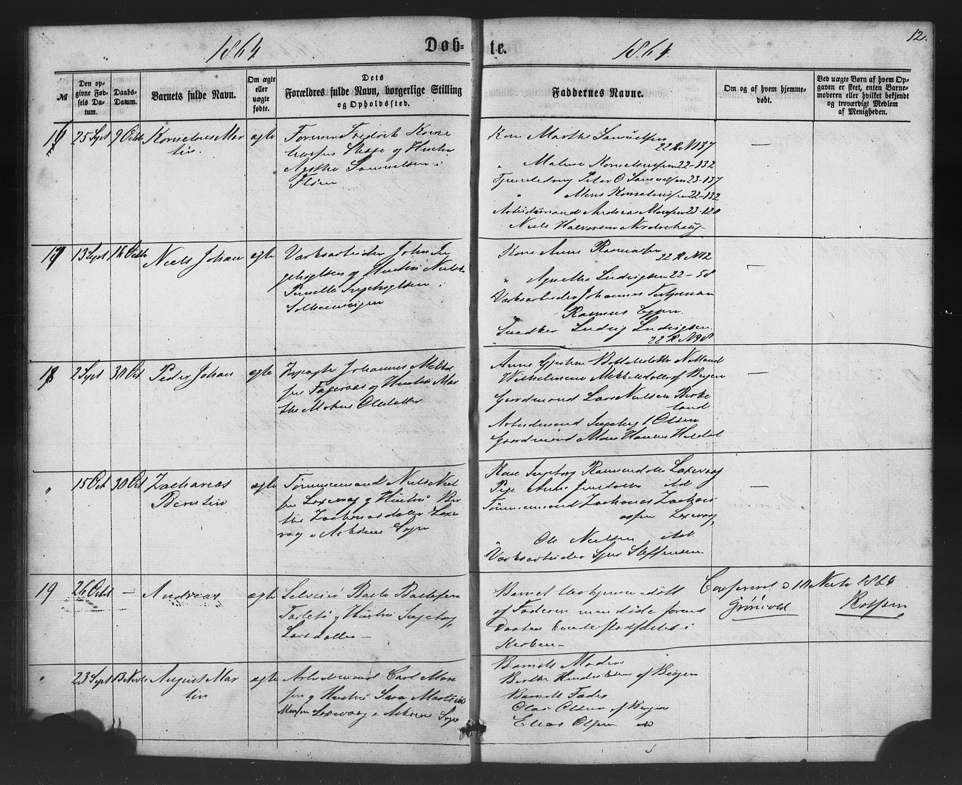 St. Jørgens hospital og Årstad sokneprestembete, AV/SAB-A-99934: Parish register (copy) no. A 3, 1863-1872, p. 12