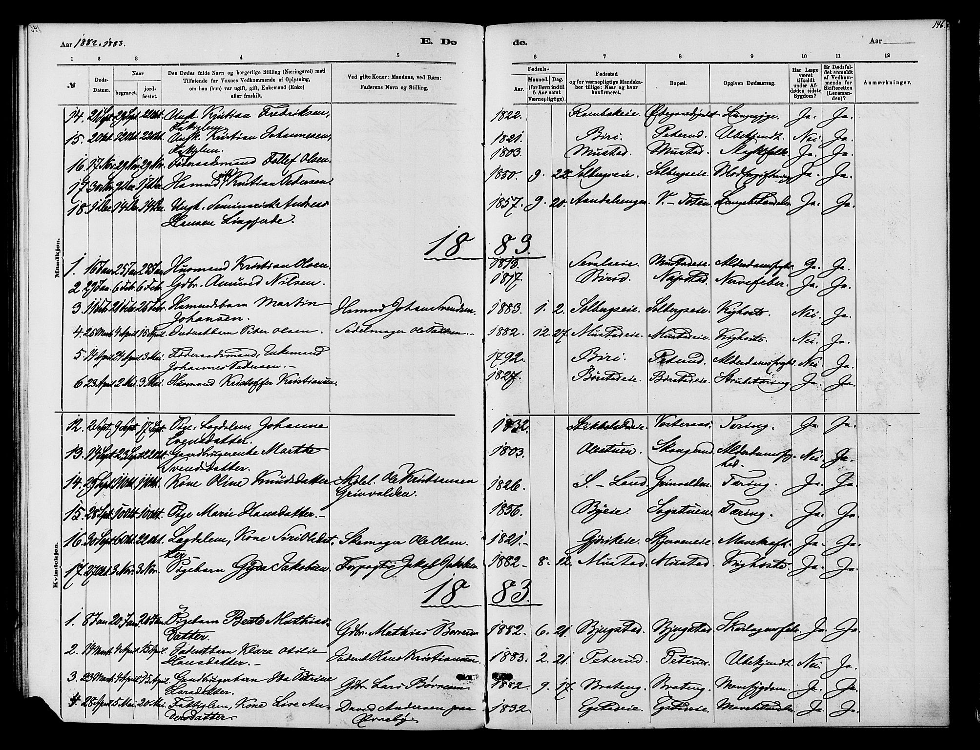 Vardal prestekontor, SAH/PREST-100/H/Ha/Haa/L0010: Parish register (official) no. 10, 1878-1893, p. 146