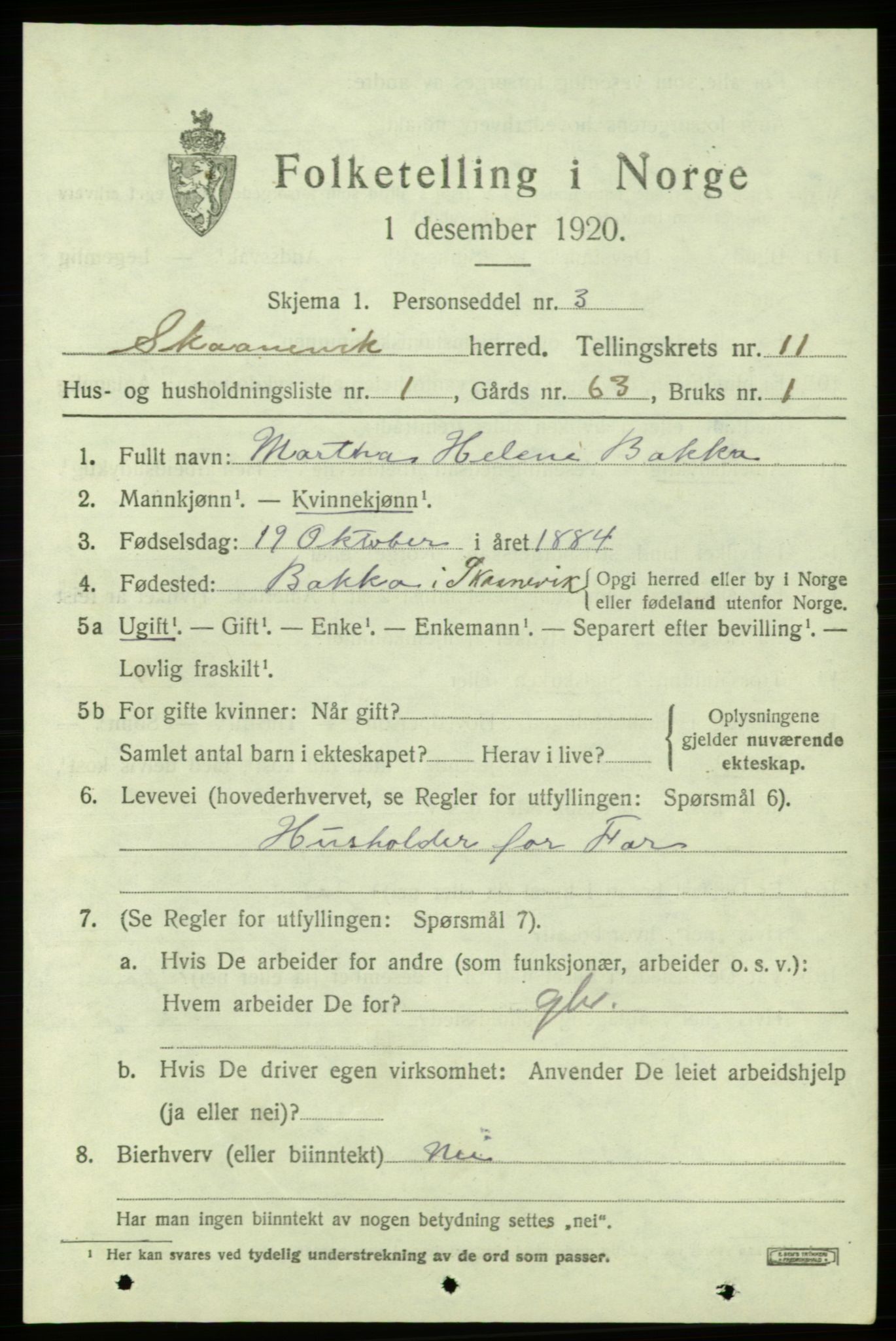 SAB, 1920 census for Skånevik, 1920, p. 5177