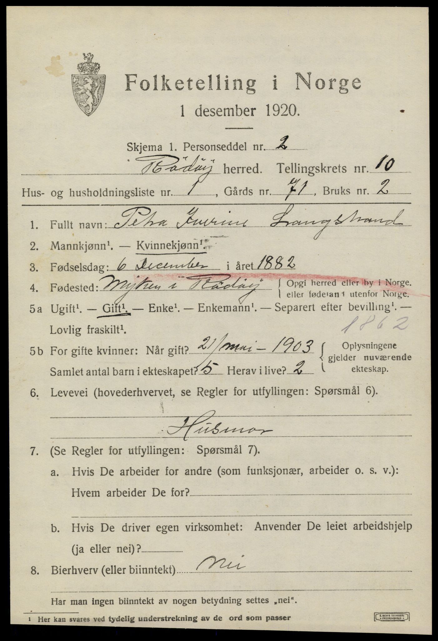 SAT, 1920 census for Rødøy, 1920, p. 5598