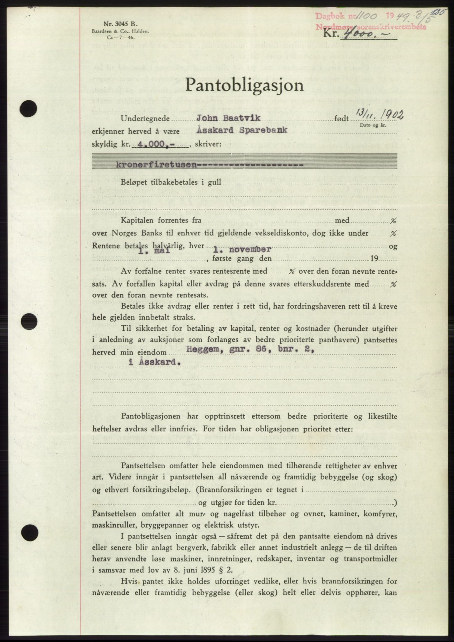 Nordmøre sorenskriveri, AV/SAT-A-4132/1/2/2Ca: Mortgage book no. B101, 1949-1949, Diary no: : 1100/1949