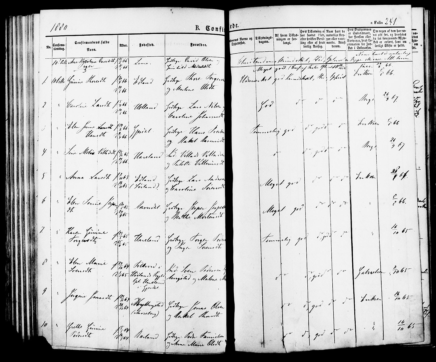 Lye sokneprestkontor, AV/SAST-A-101794/001/30BA/L0008: Parish register (official) no. A 7, 1872-1881, p. 241