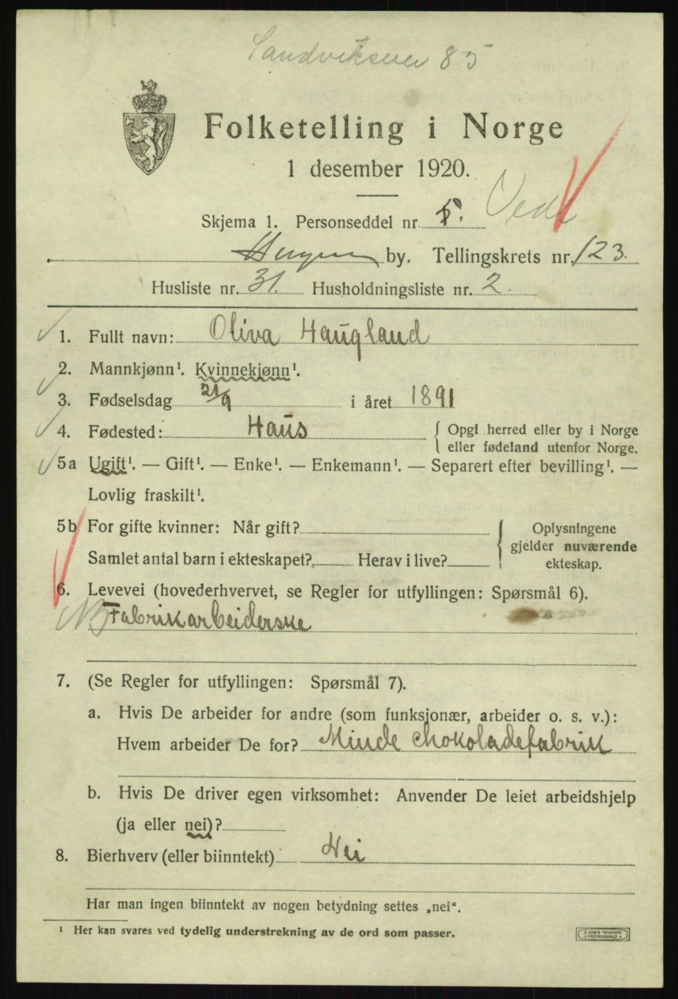 SAB, 1920 census for Bergen, 1920, p. 208464