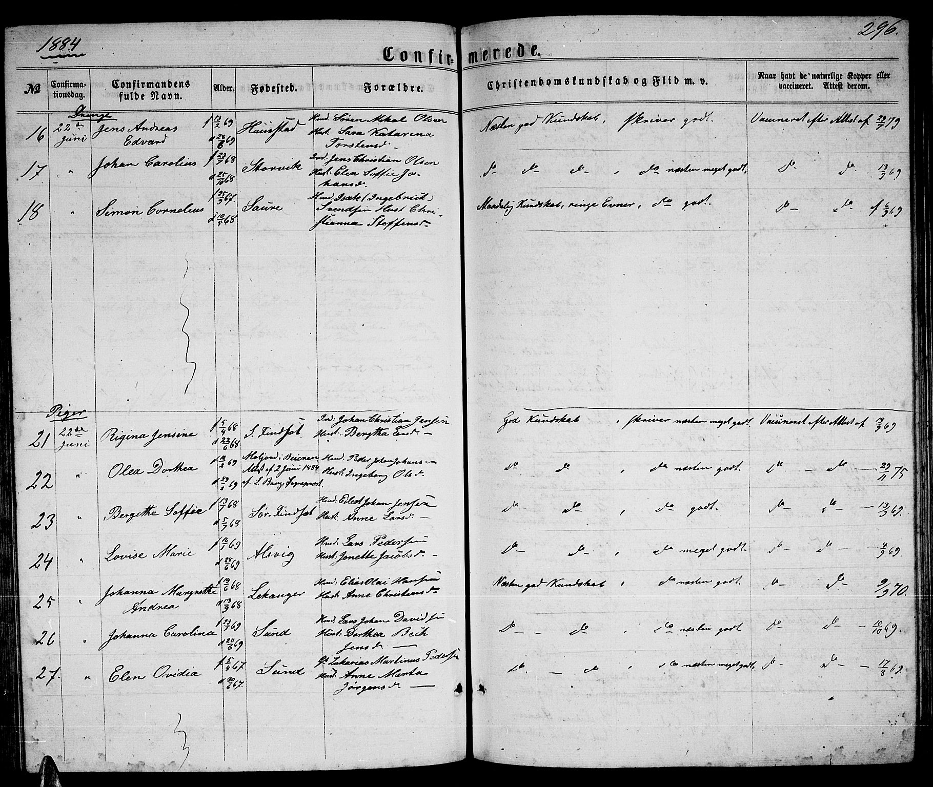 Ministerialprotokoller, klokkerbøker og fødselsregistre - Nordland, AV/SAT-A-1459/805/L0107: Parish register (copy) no. 805C03, 1862-1885, p. 296