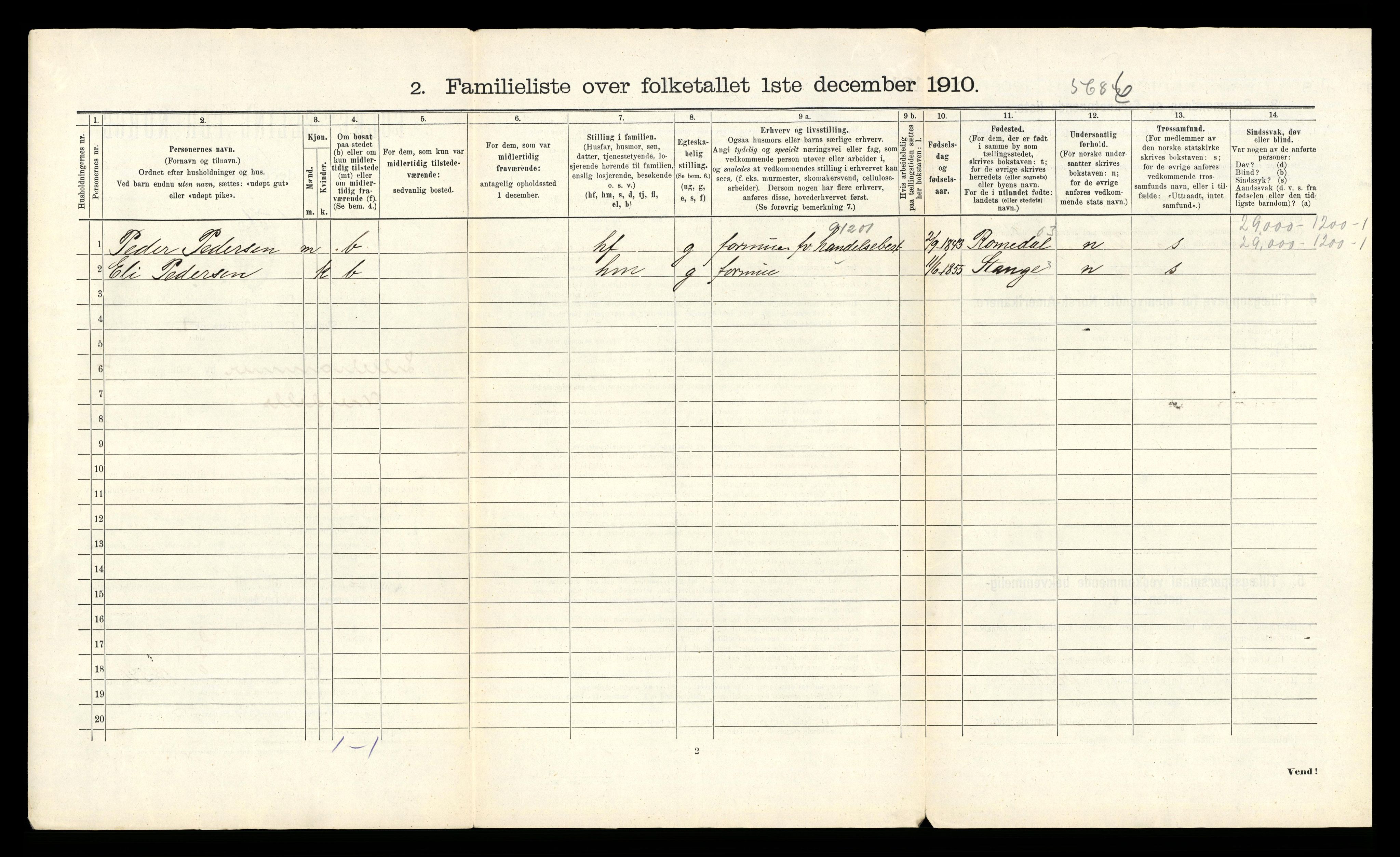 RA, 1910 census for Lillehammer, 1910, p. 1590