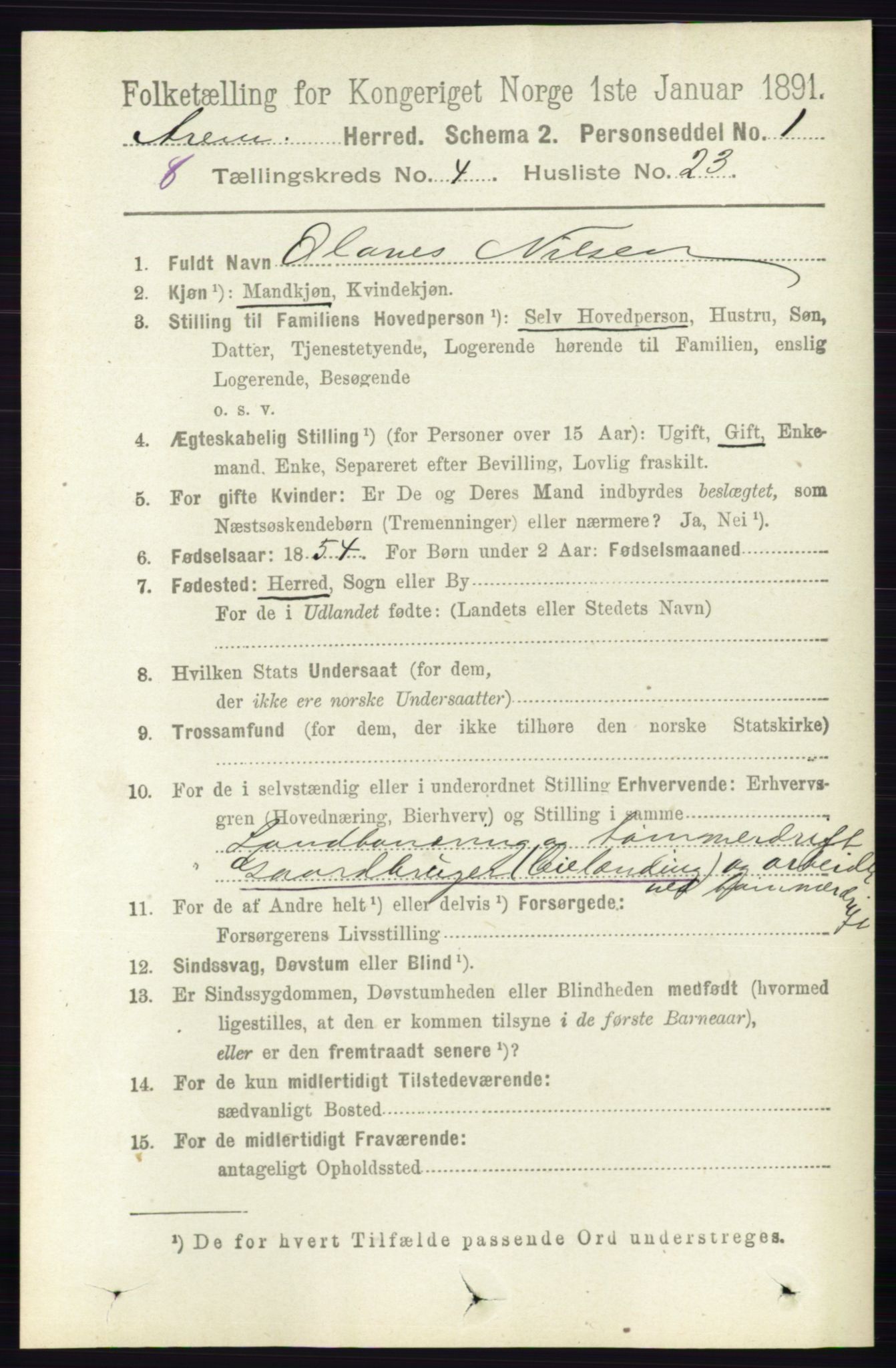 RA, 1891 census for 0118 Aremark, 1891, p. 2067