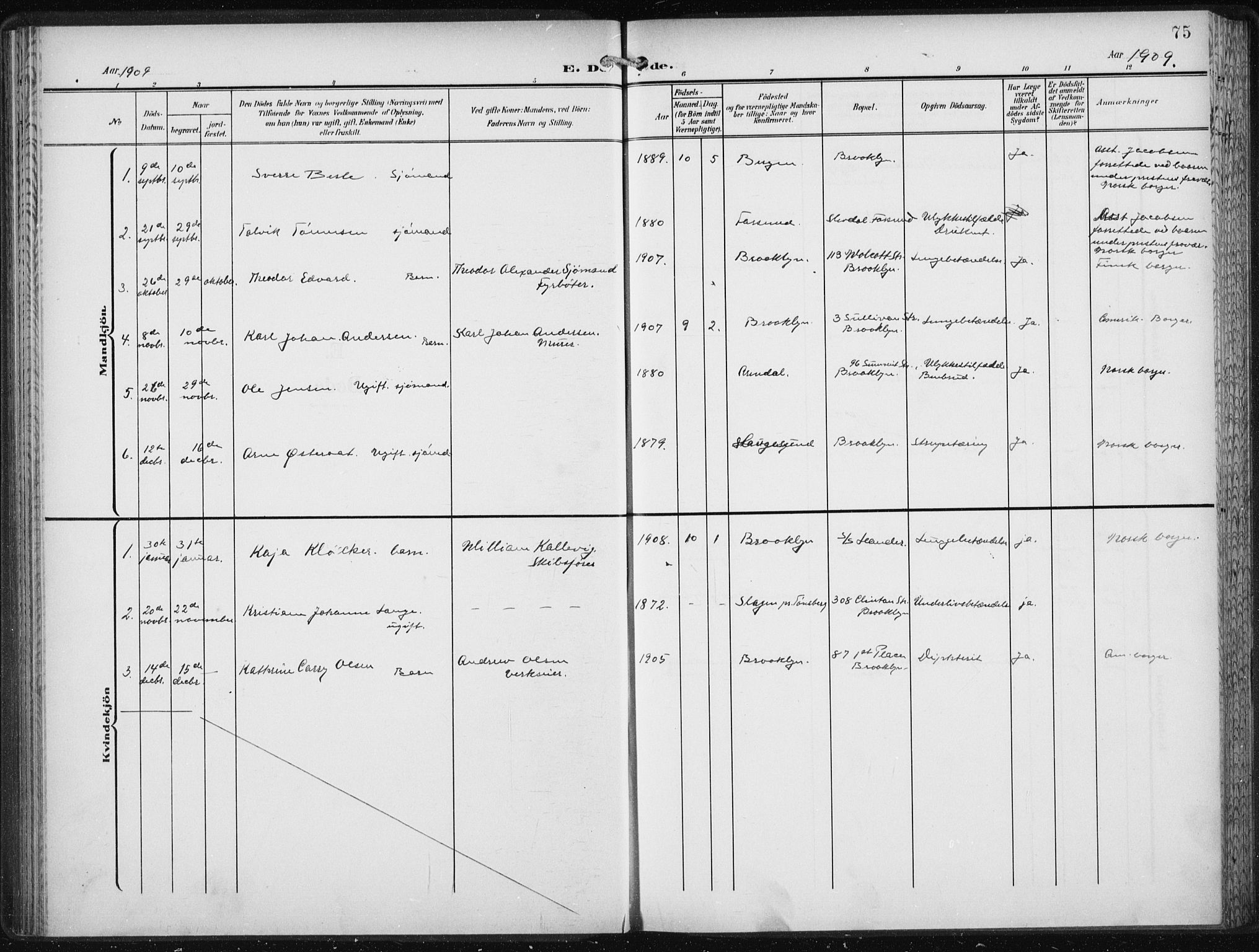 Den norske sjømannsmisjon i utlandet/New York, SAB/SAB/PA-0110/H/Ha/L0006: Parish register (official) no. A 6, 1909-1914, p. 75
