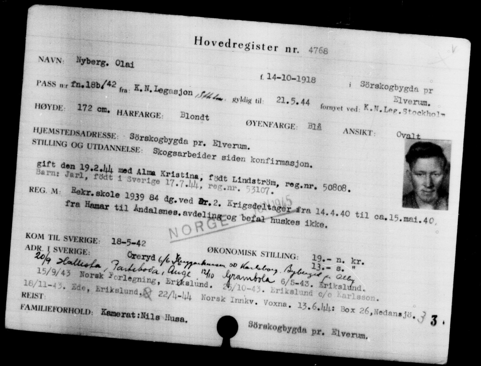 Utenriksstasjonene, Legasjonen i Stockholm, Flyktningkontoret, AV/RA-S-6753/V/Va/L0004: Kjesäterkartoteket, flyktninger med registreringsnr. 3496-6610, 1940-1945, p. 1503